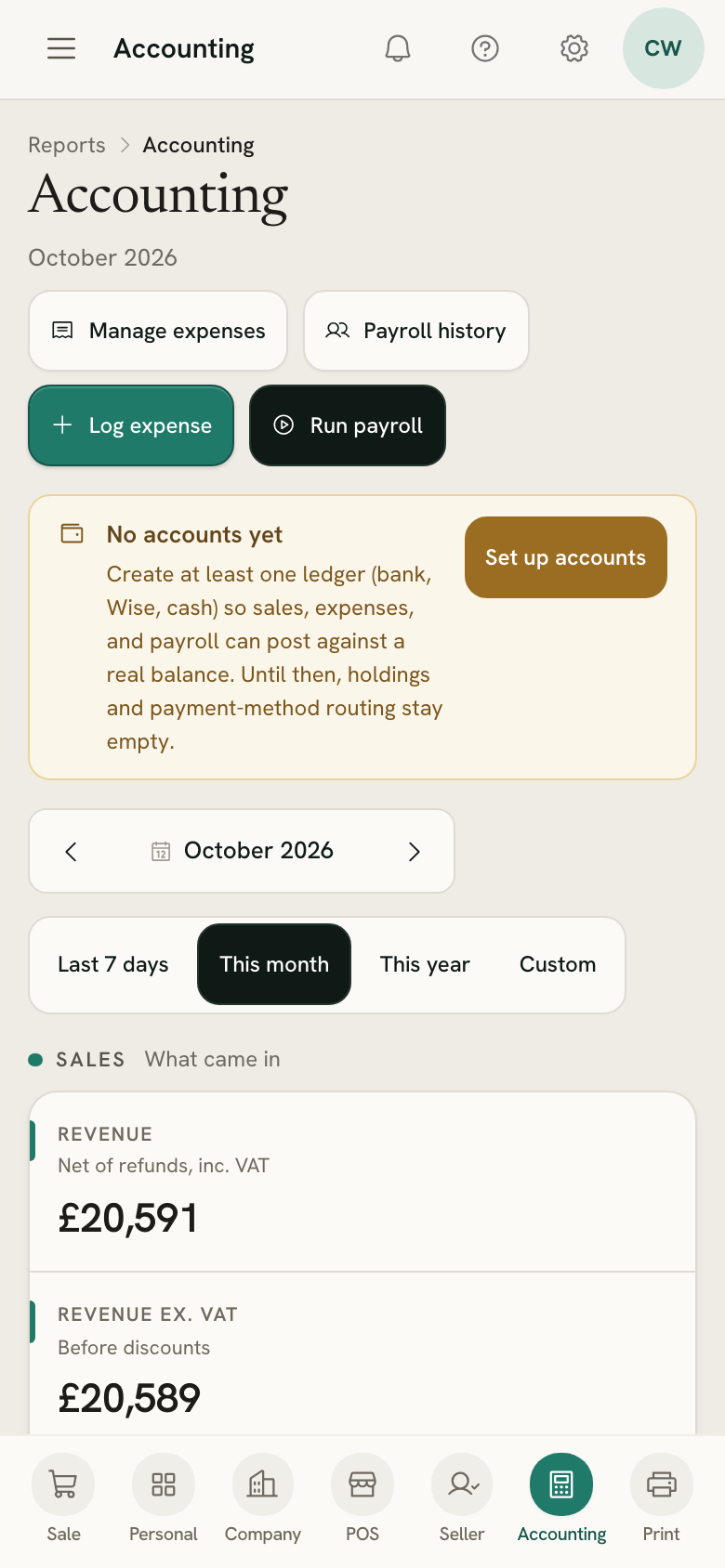 The Accounting overview on a phone: what came in, costs and profit for the month