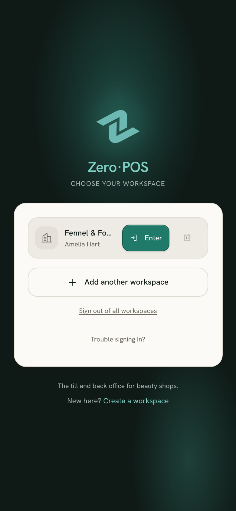 Choose your workspace on a phone, with the shop's workspace saved for one-tap entry