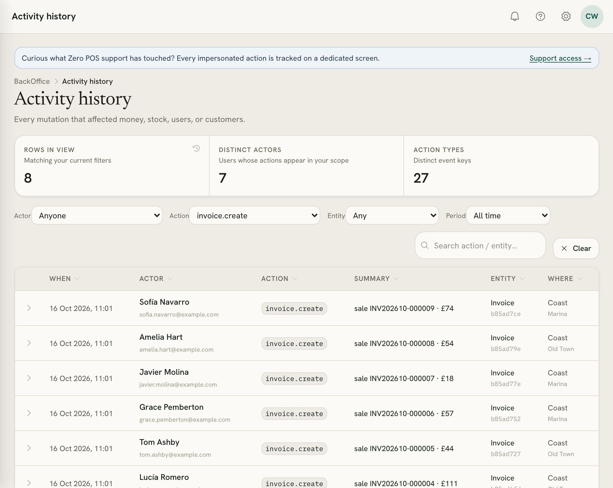 Activity history filtered to the invoice.create action: each sale with when it was made, who made it, its invoice number and total
