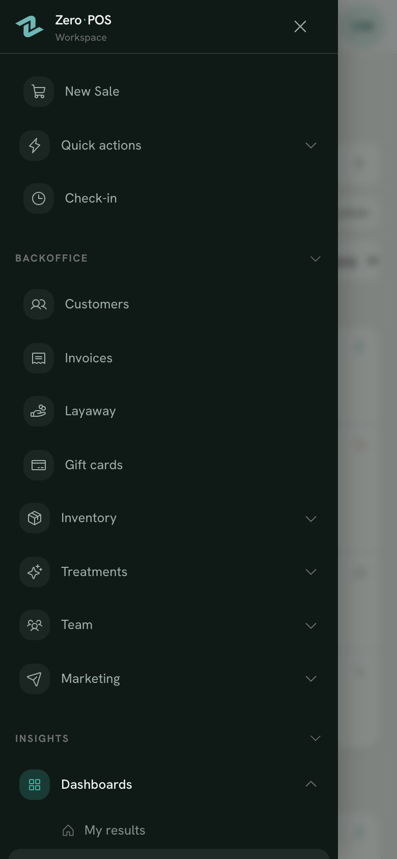 The Zero POS menu open on a phone: the counter rows at the top, then BACKOFFICE, INSIGHTS and MANAGE