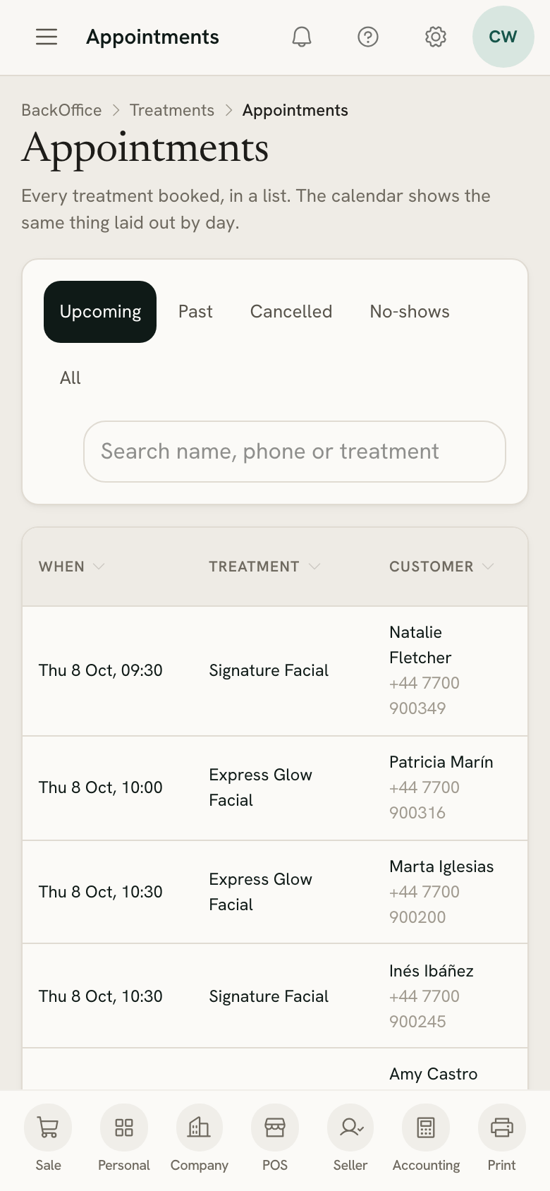 Appointments on a phone: the tabs, the search box and the upcoming appointments