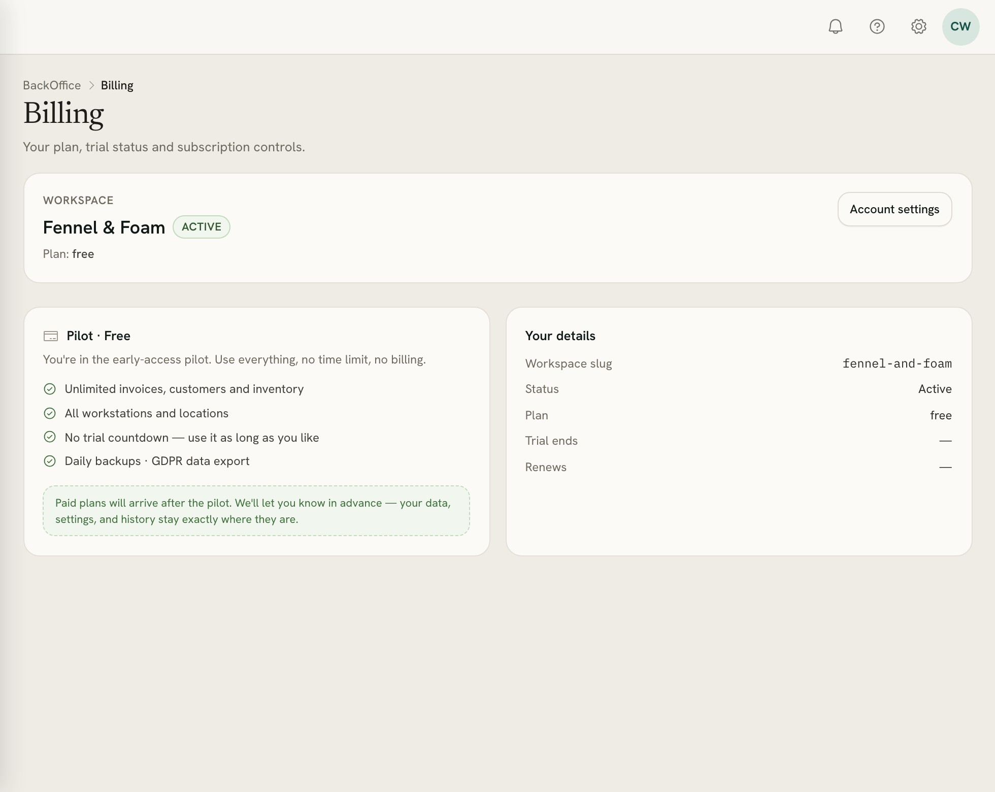 Billing: the workspace marked Active, the Pilot · Free plan with what it includes, and Your details