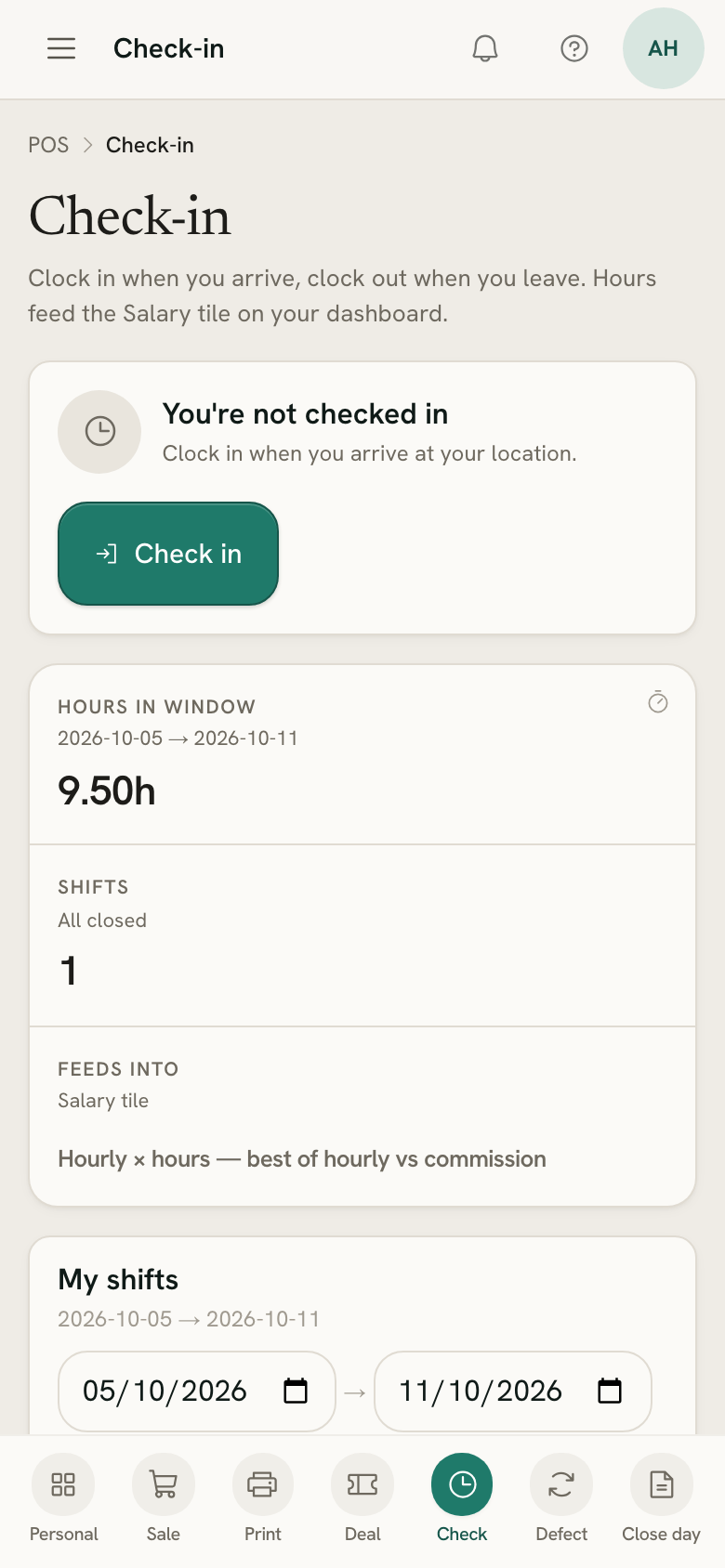 Check-in on a seller's phone before her shift: the Check in button and her hours this week