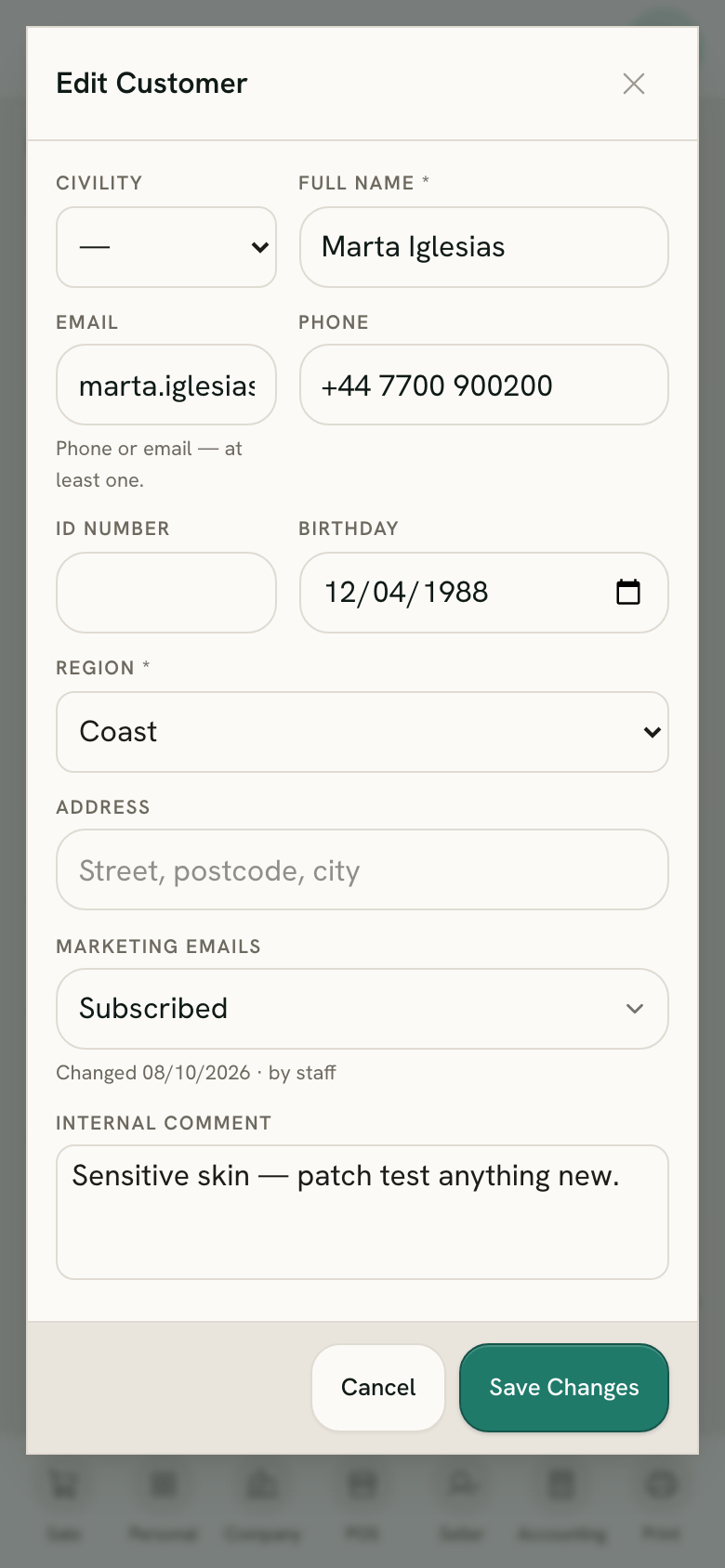 The customer's Edit window on a phone, at the Marketing emails choice