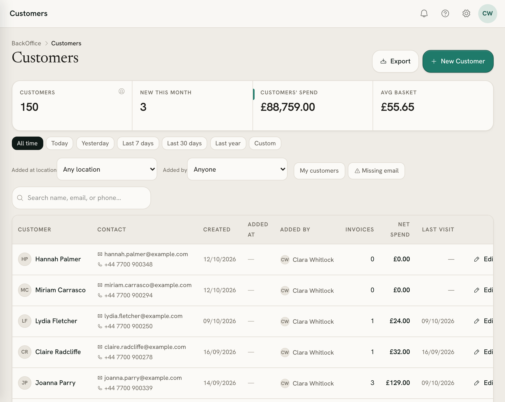 The customers list with search and filters
