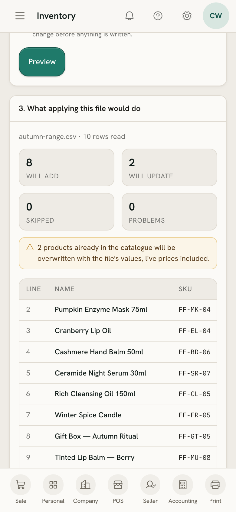 The product import preview on a phone: how many rows are new, updated, skipped or have problems, then the file's rows