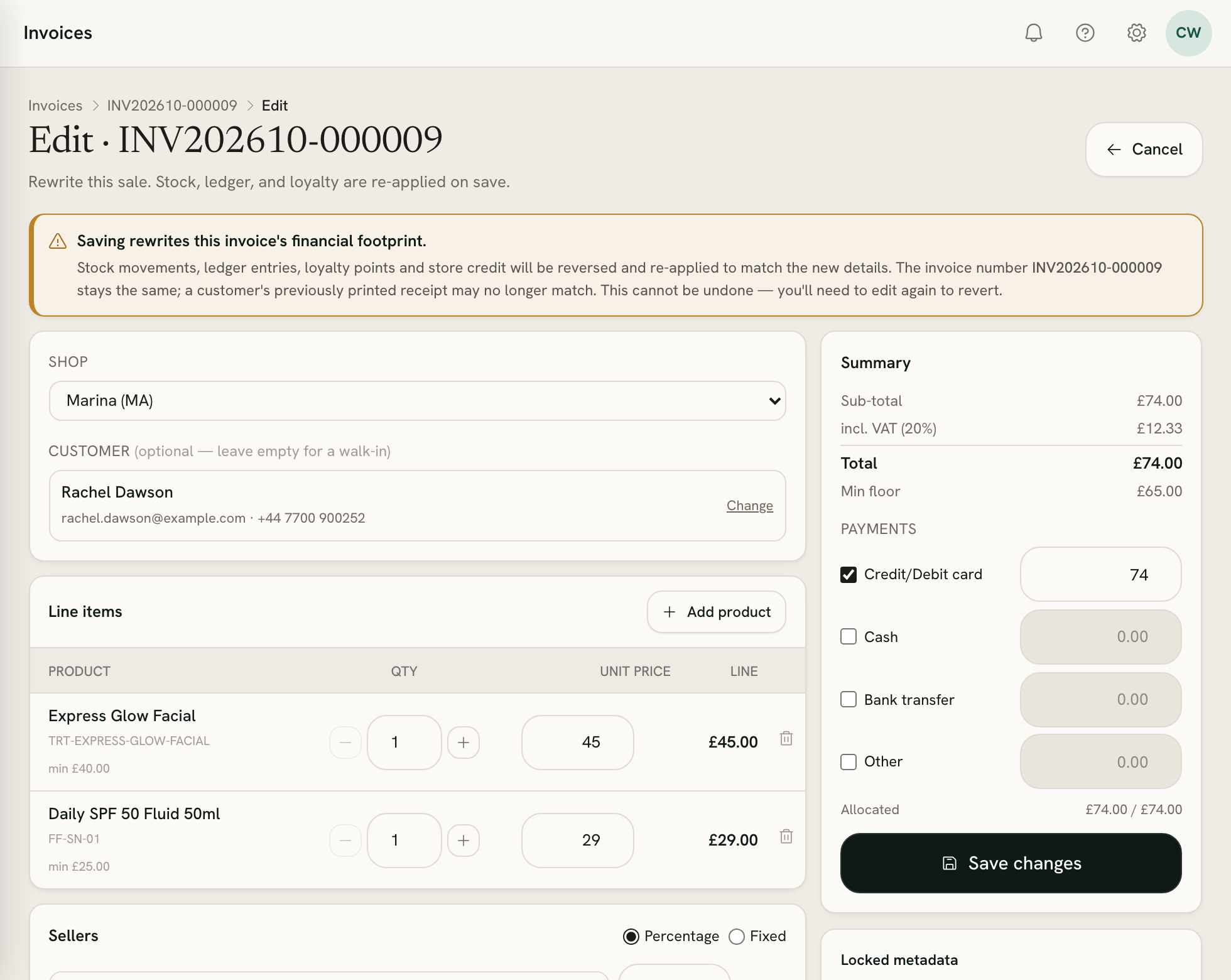 Editing an invoice: shop, customer, lines, sellers and payments