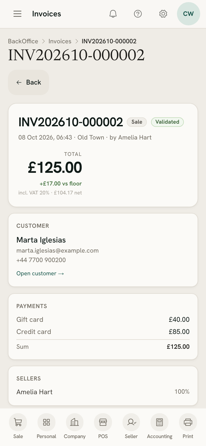 A finished sale's invoice page on a phone, with its customer, lines and payments