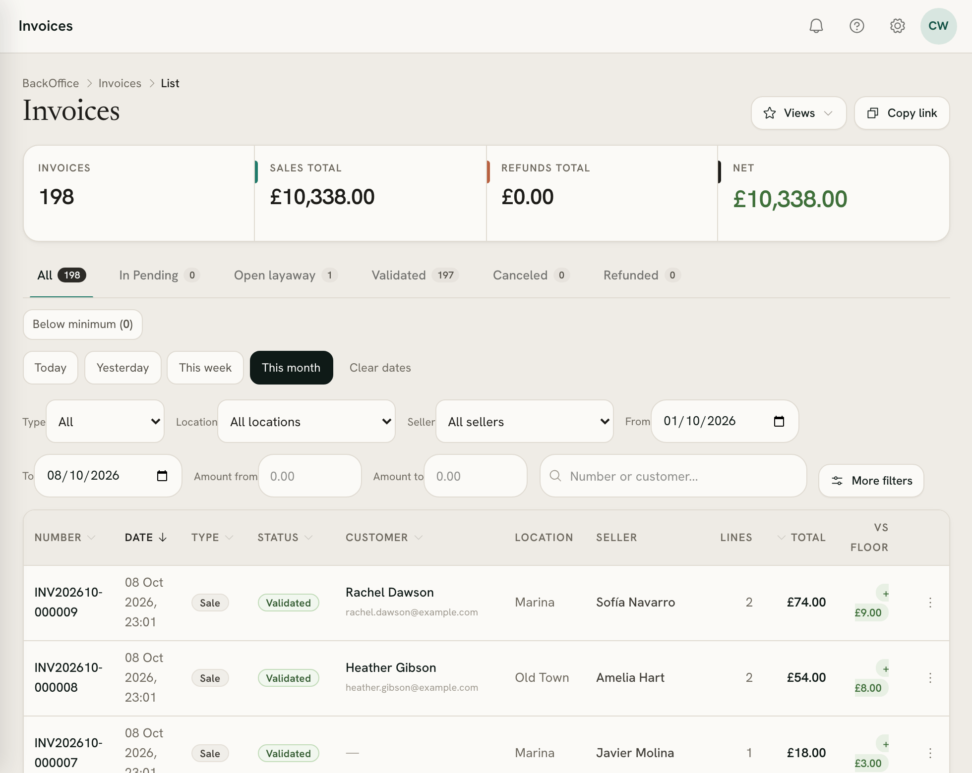 The invoices list filtered to this month, with totals at the top