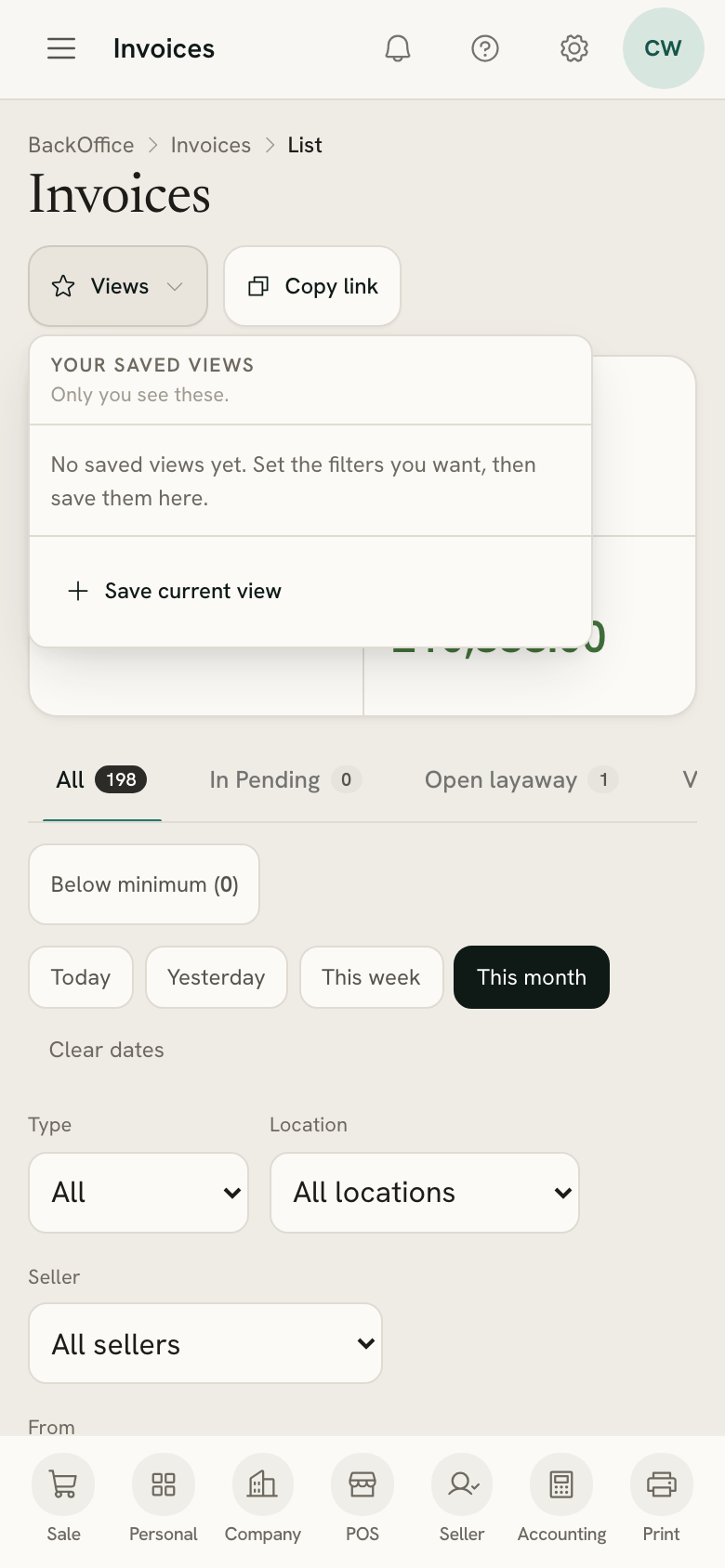 The Views menu open on the invoices list, on a phone