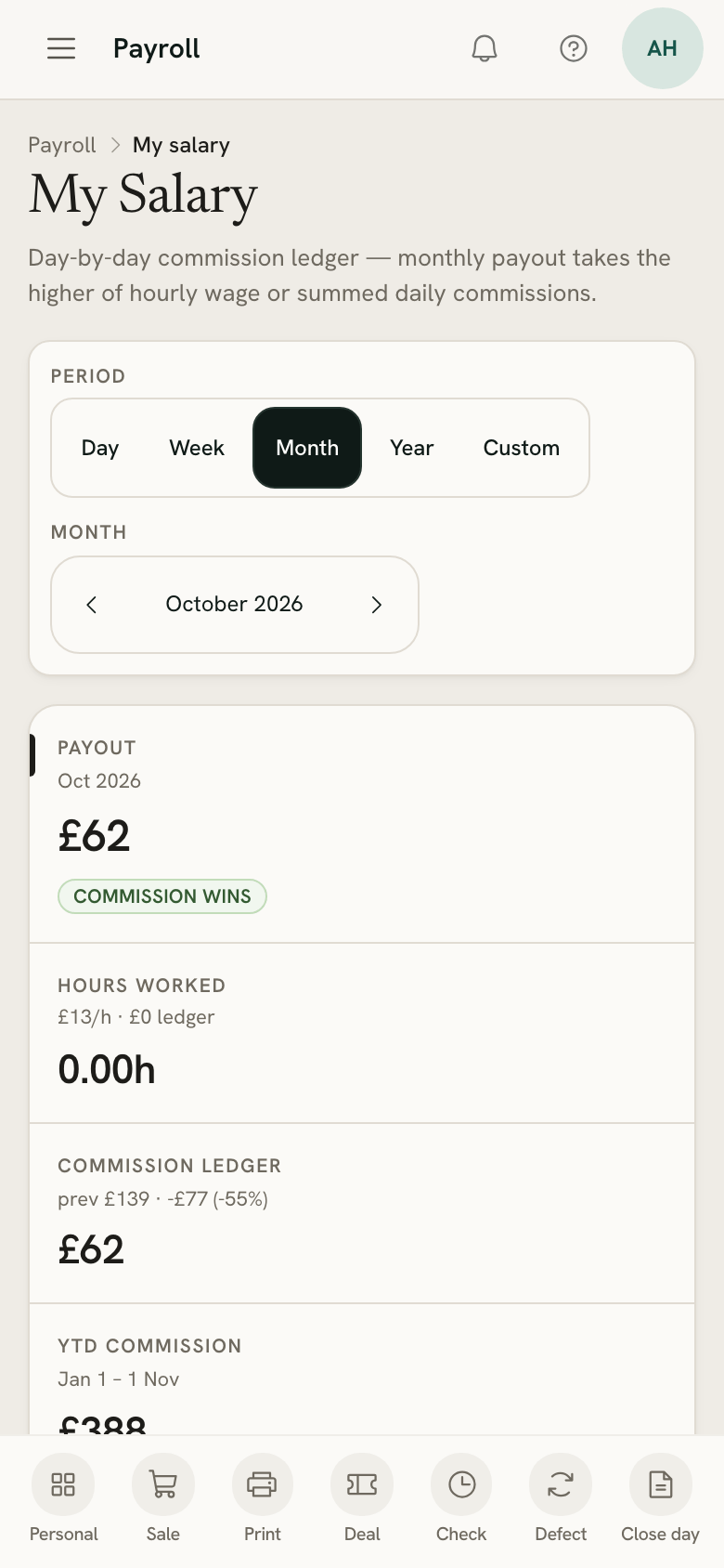 My salary on a seller's phone: this month's payout, hours and commission