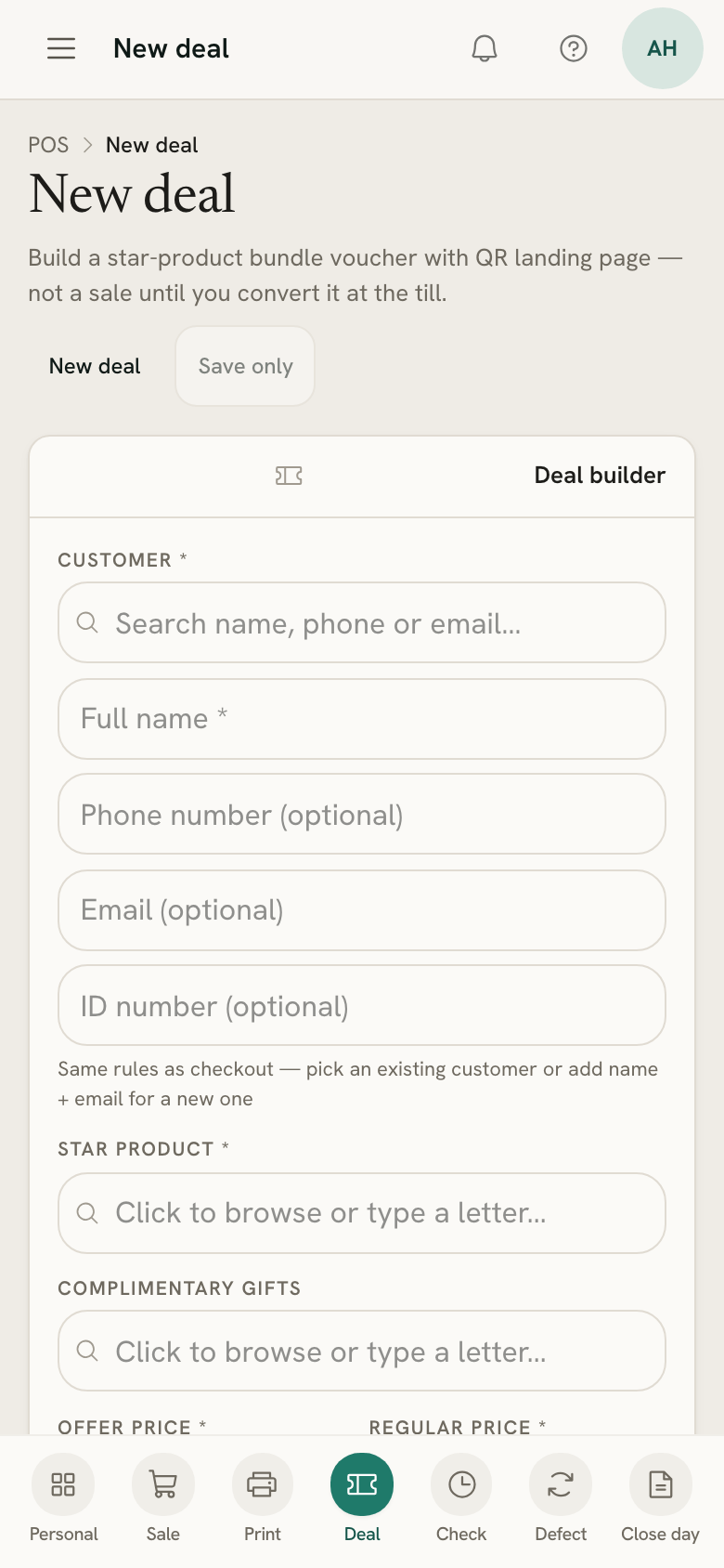The deal builder on a phone: customer, star product, gifts and prices