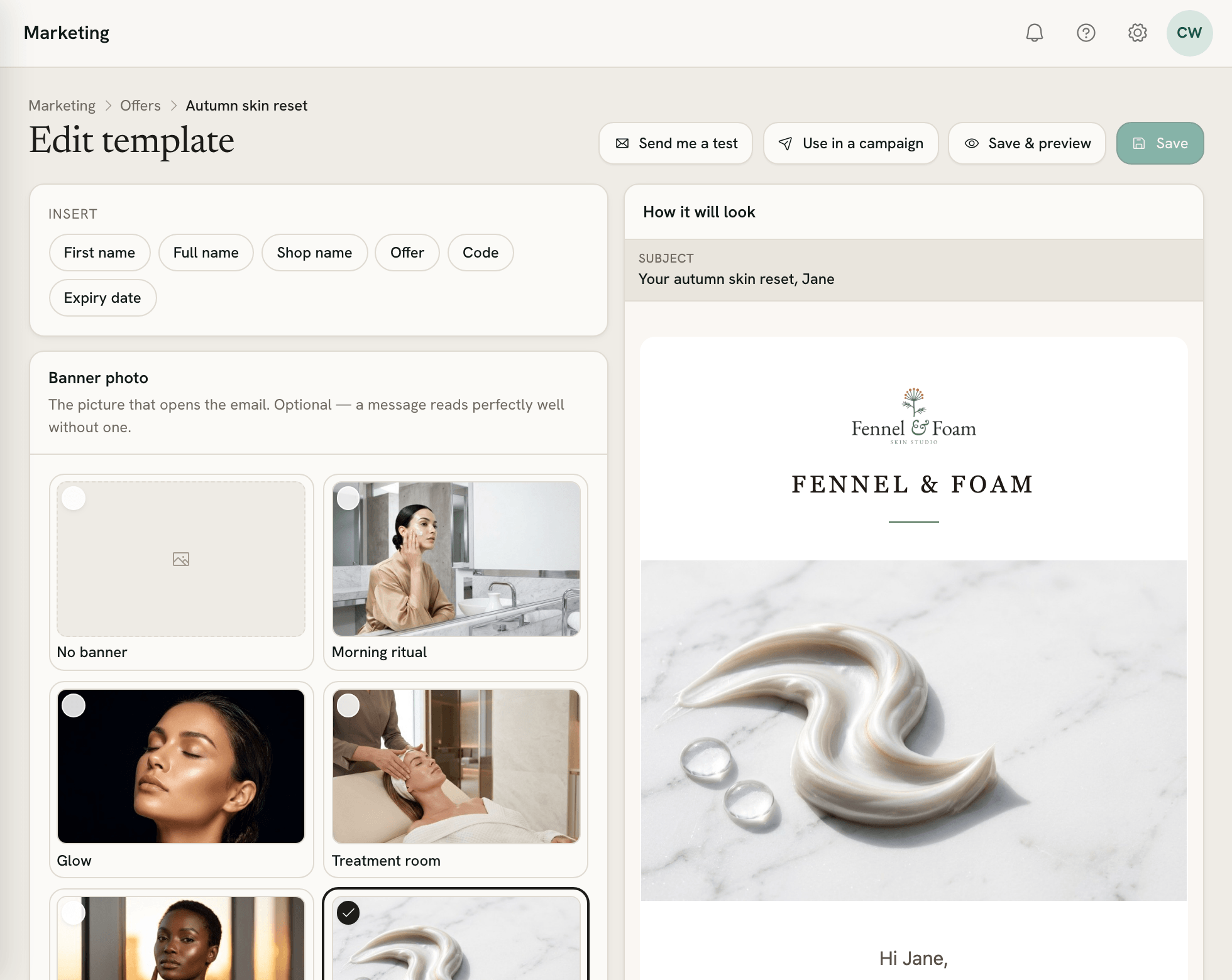 An offer template open for editing: the fields to insert and the banner photos on the left, the email as it will look on the right