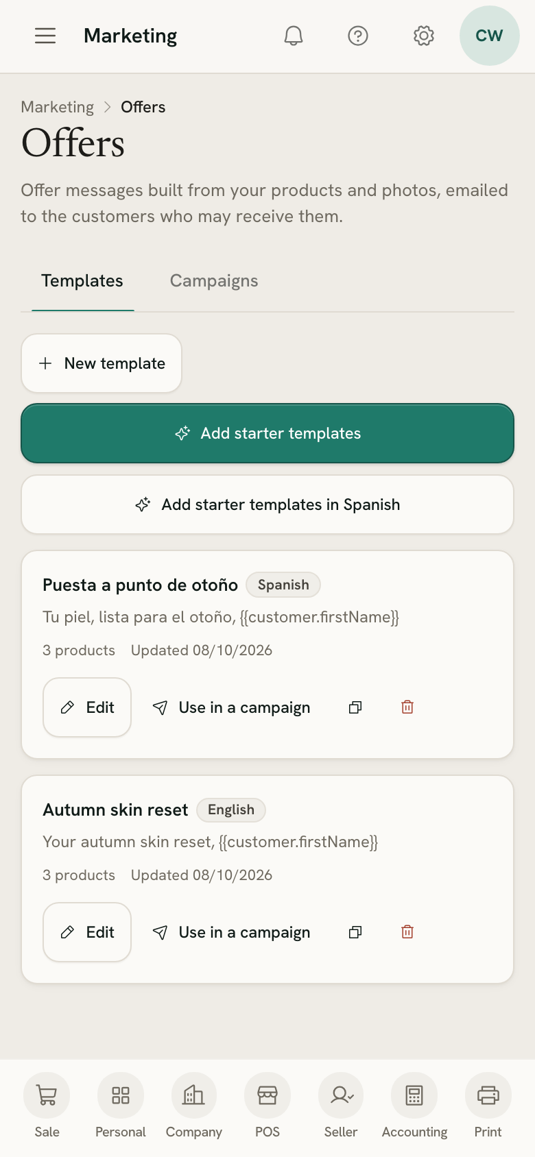 Offers on a phone, with the Templates and Campaigns tabs and two templates