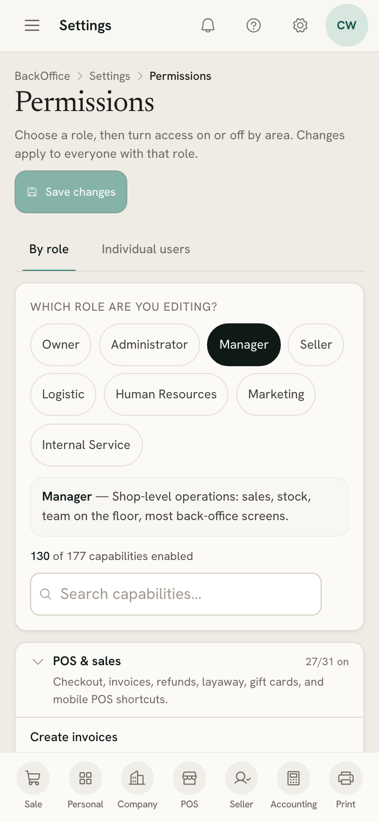 Settings → Permissions on a phone: pick a role, then switch each right on or off