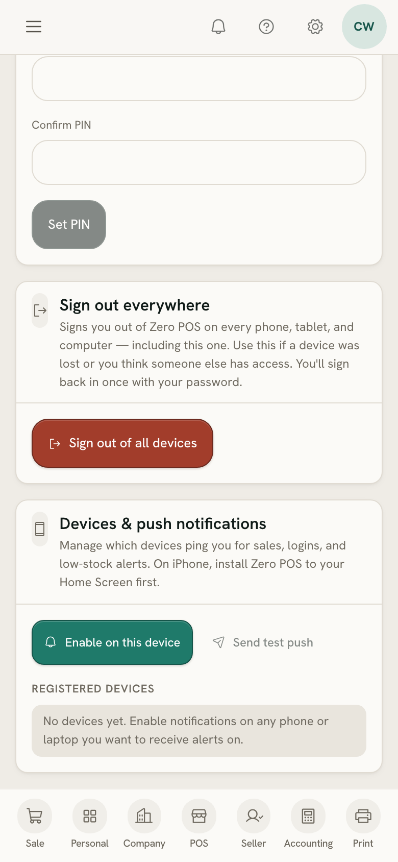 The Devices & push notifications card on My profile, on a phone