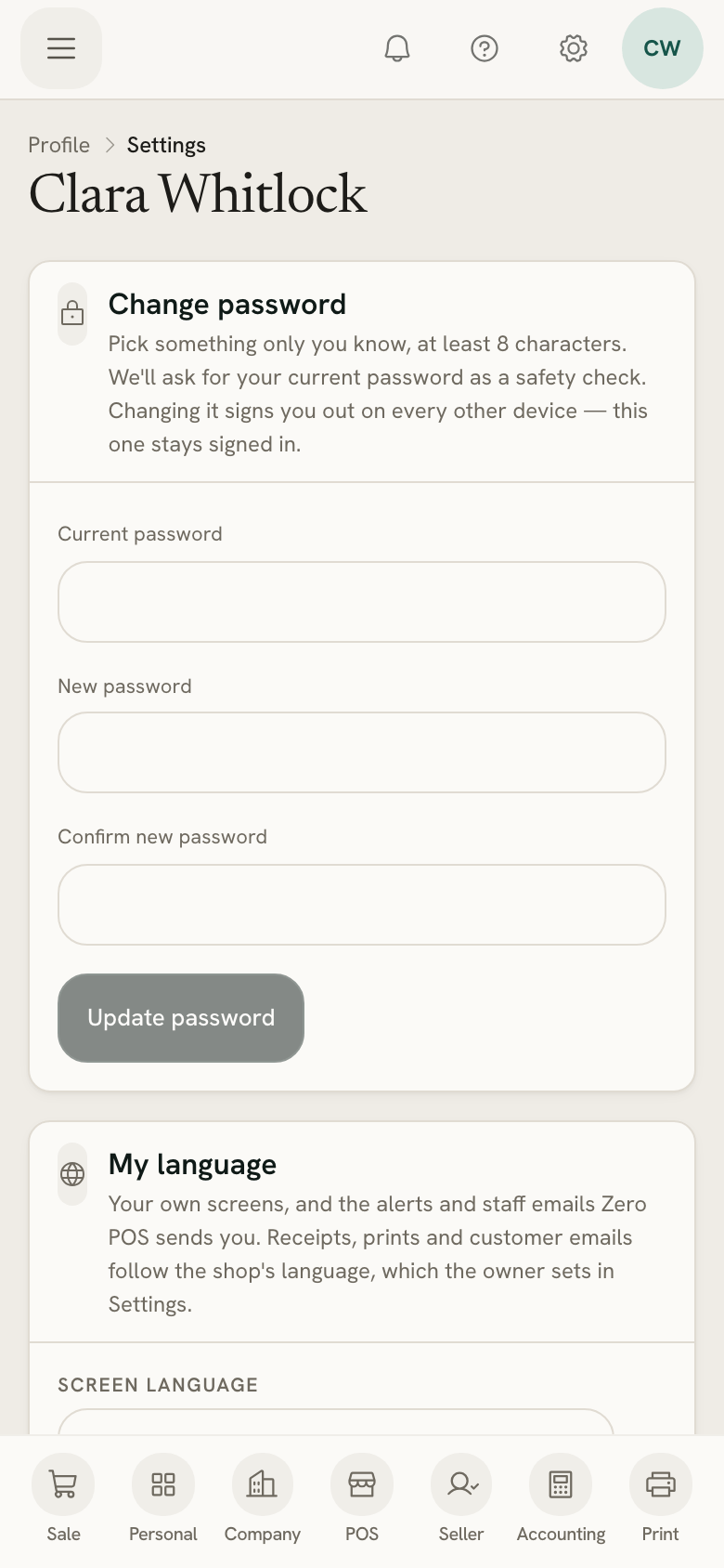 My profile on a phone: change password, then My language