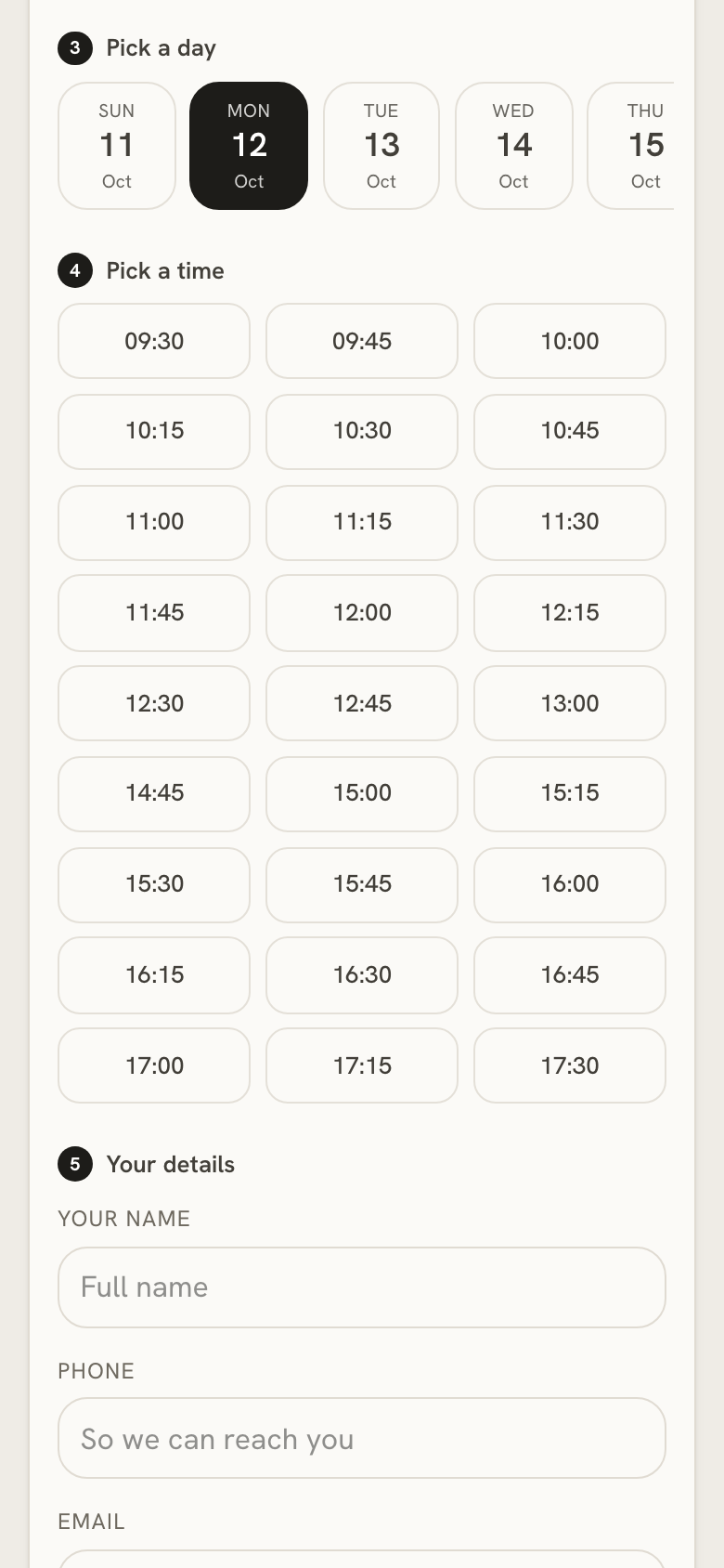 The public booking page on a customer's phone, with free times for tomorrow