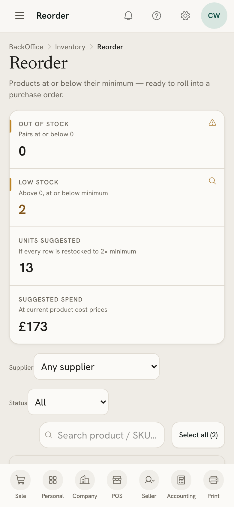 Reorder on a phone: products at or below their minimum, ready for a purchase order