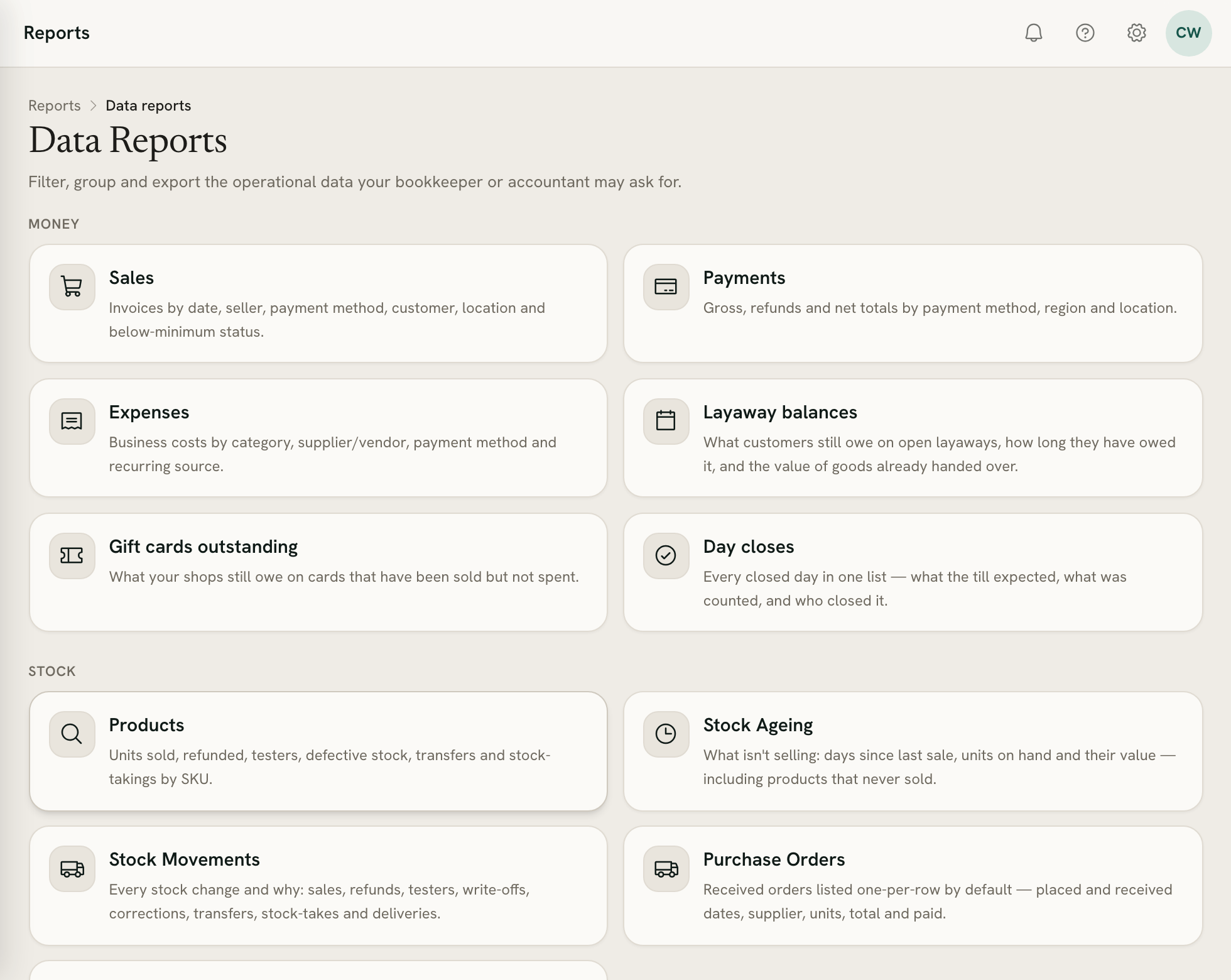 The reports hub with its grid of reports