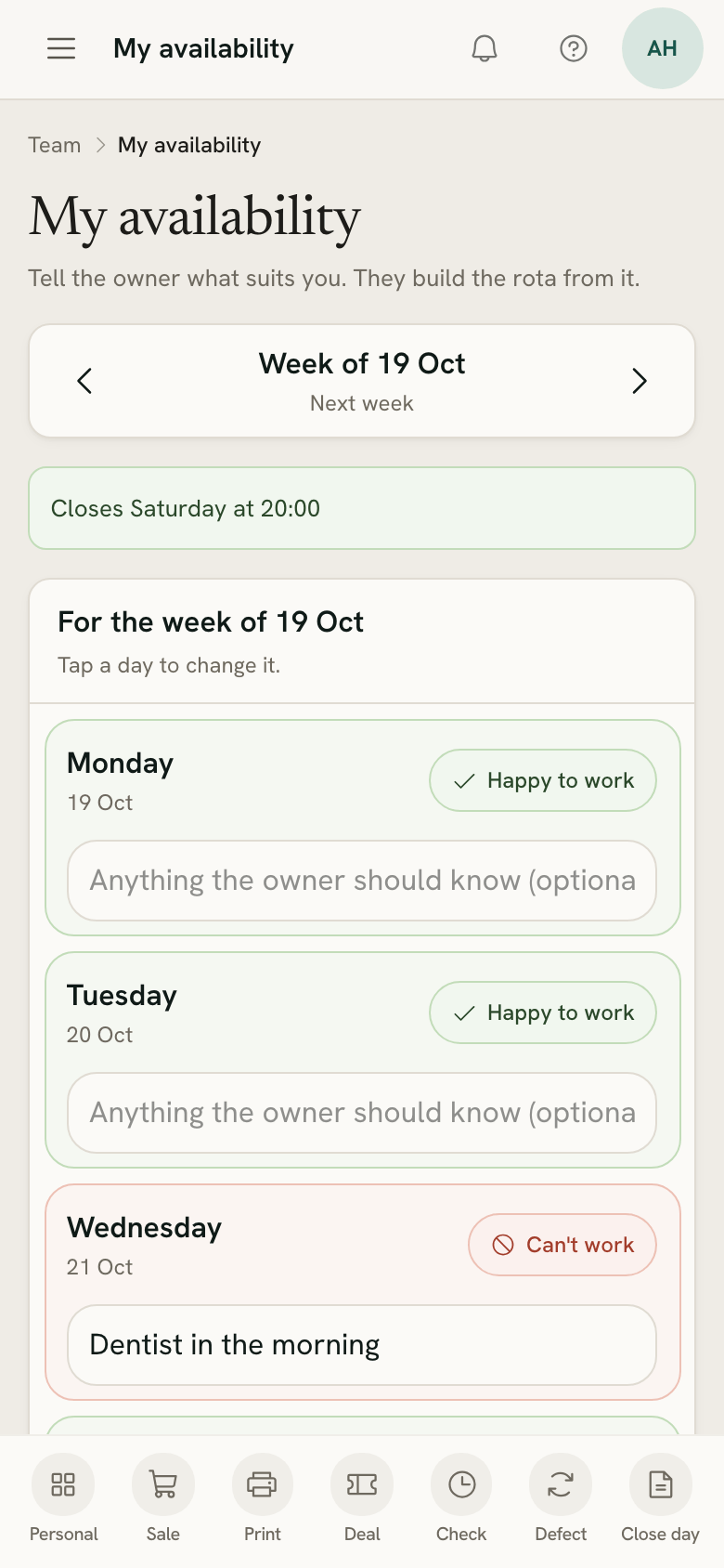 My availability on a seller's phone, with next week's days marked