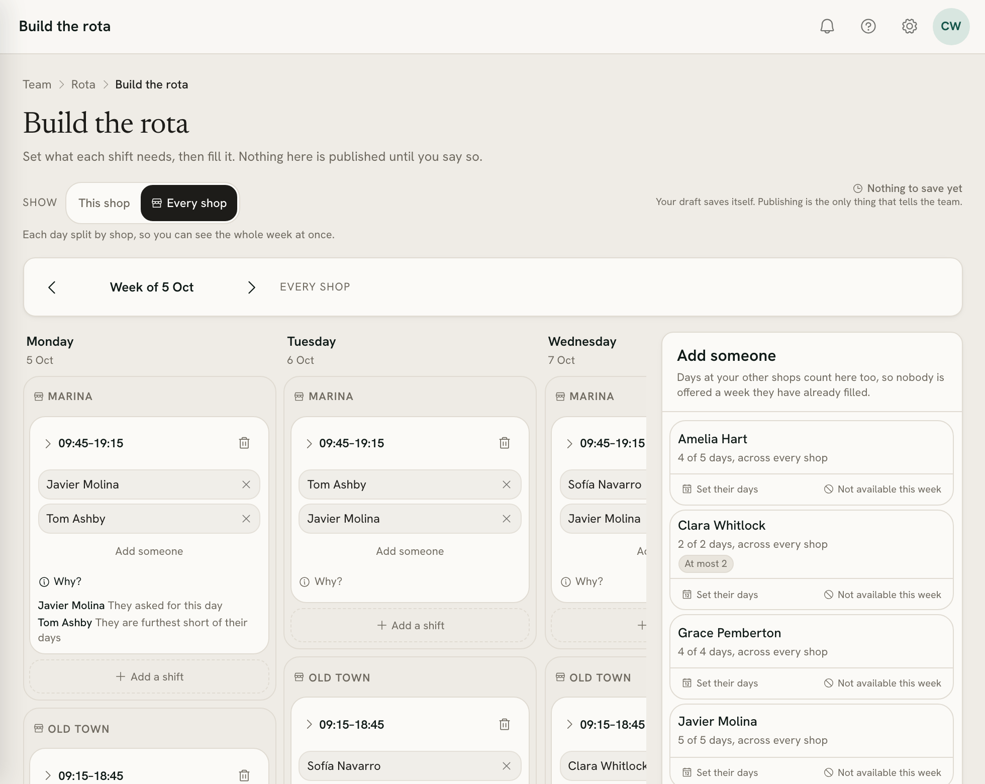 Build the rota for both shops, with the reasons behind one shift's names open