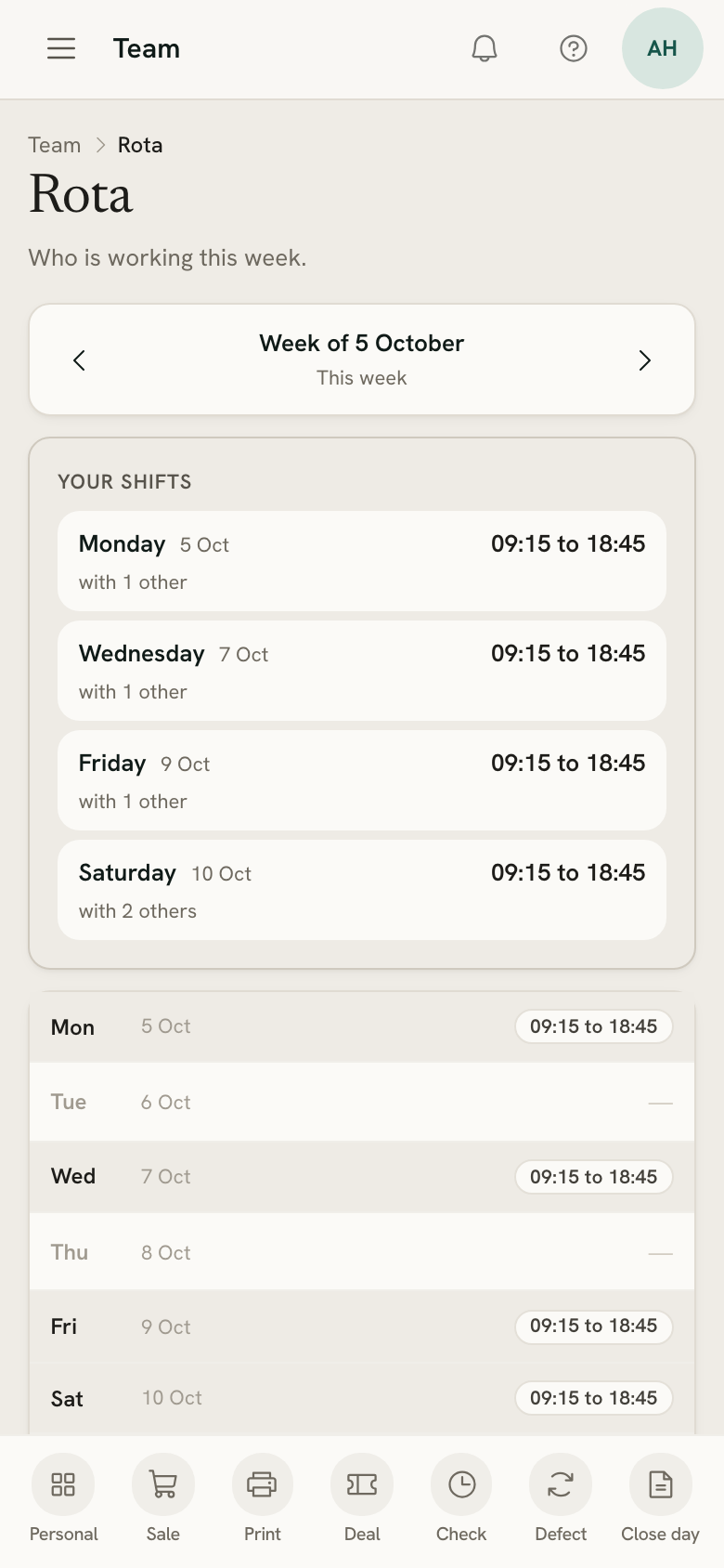 The published rota on a seller's phone, with Your shifts at the top