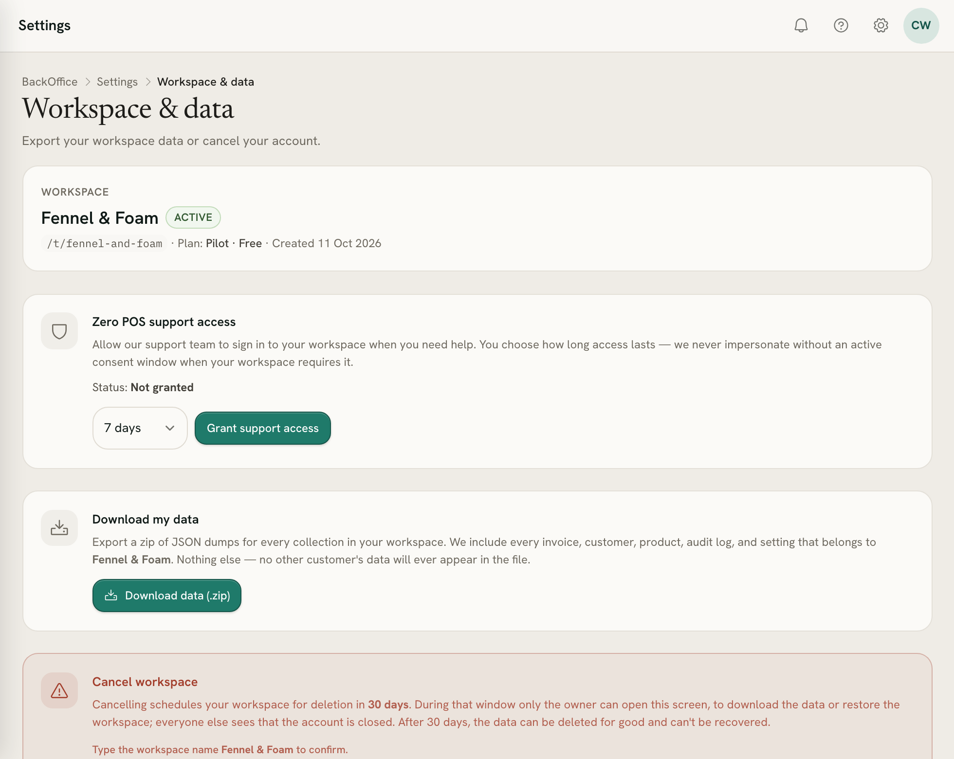 Workspace & data: the workspace's status and plan, Zero POS support access with its time window, Download my data, and the start of Cancel workspace