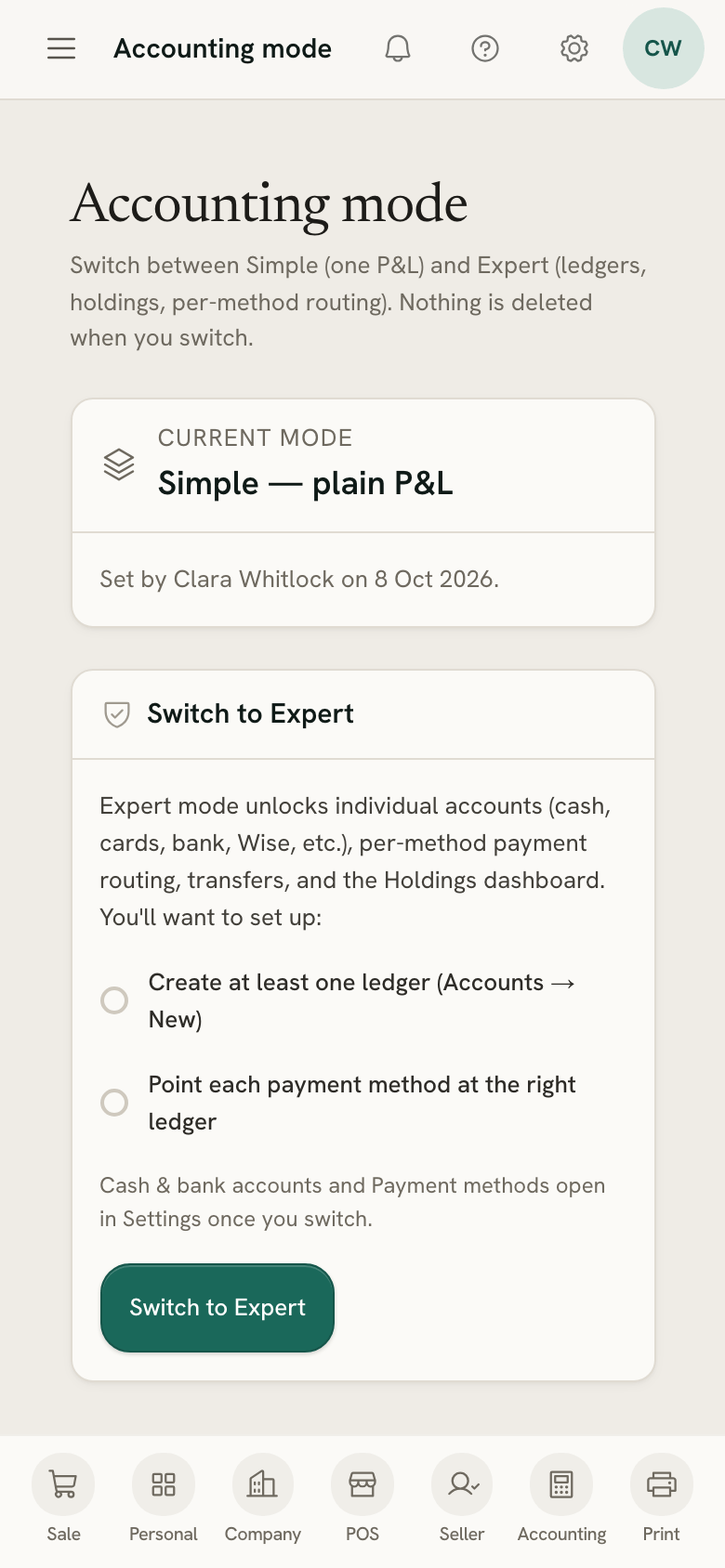Accounting mode on a phone: the current mode and what Expert needs