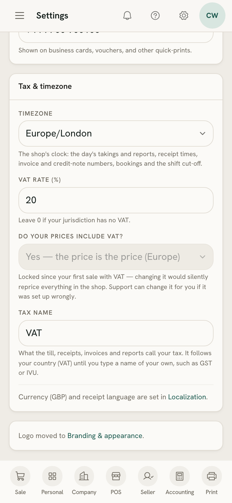 The VAT rate and whether prices include VAT, in Company info on a phone