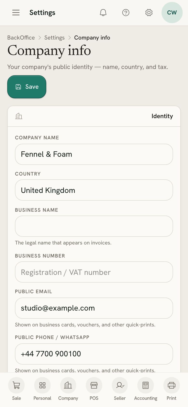 Company info on a phone: company name, country, business details and contact