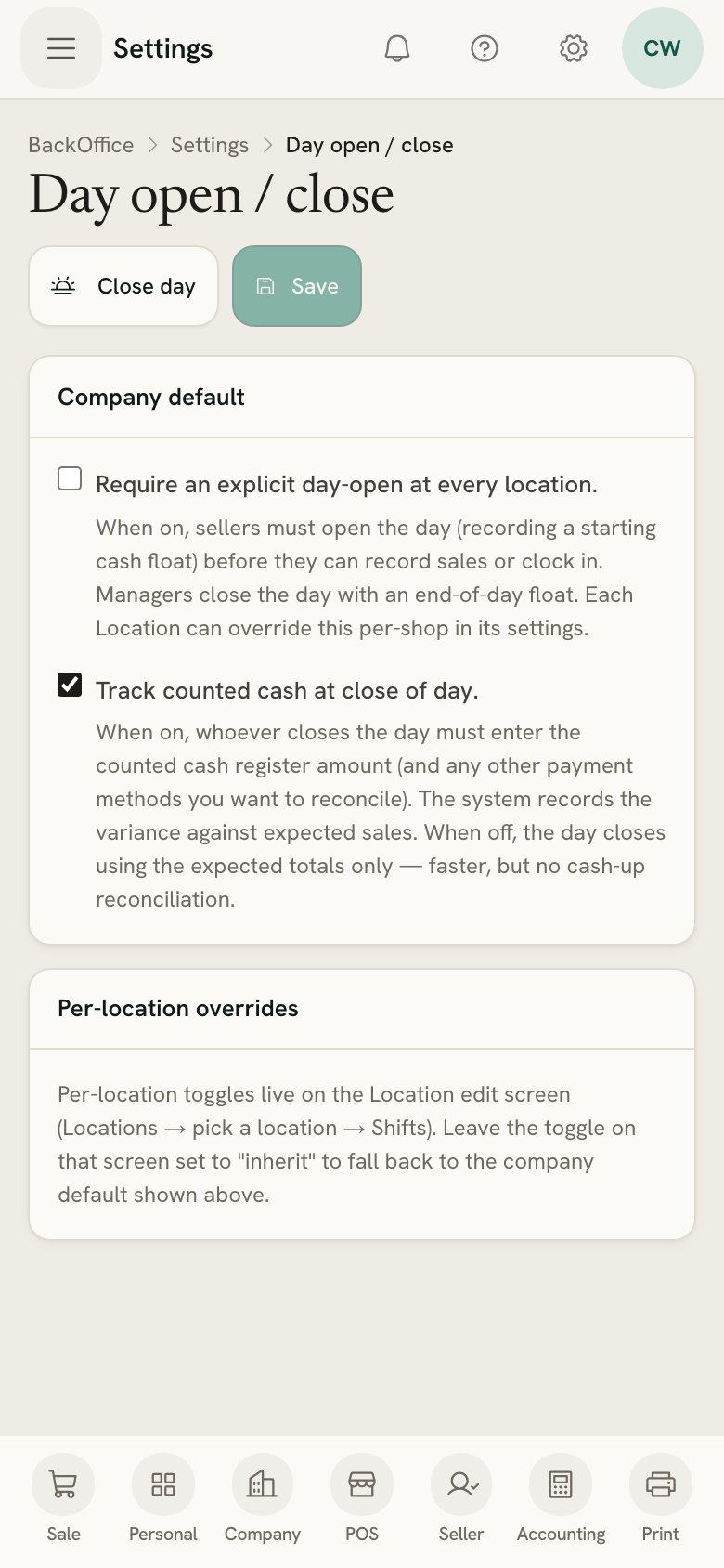 Settings → Day open / close on a phone: the explicit day-open switch and counted cash at close