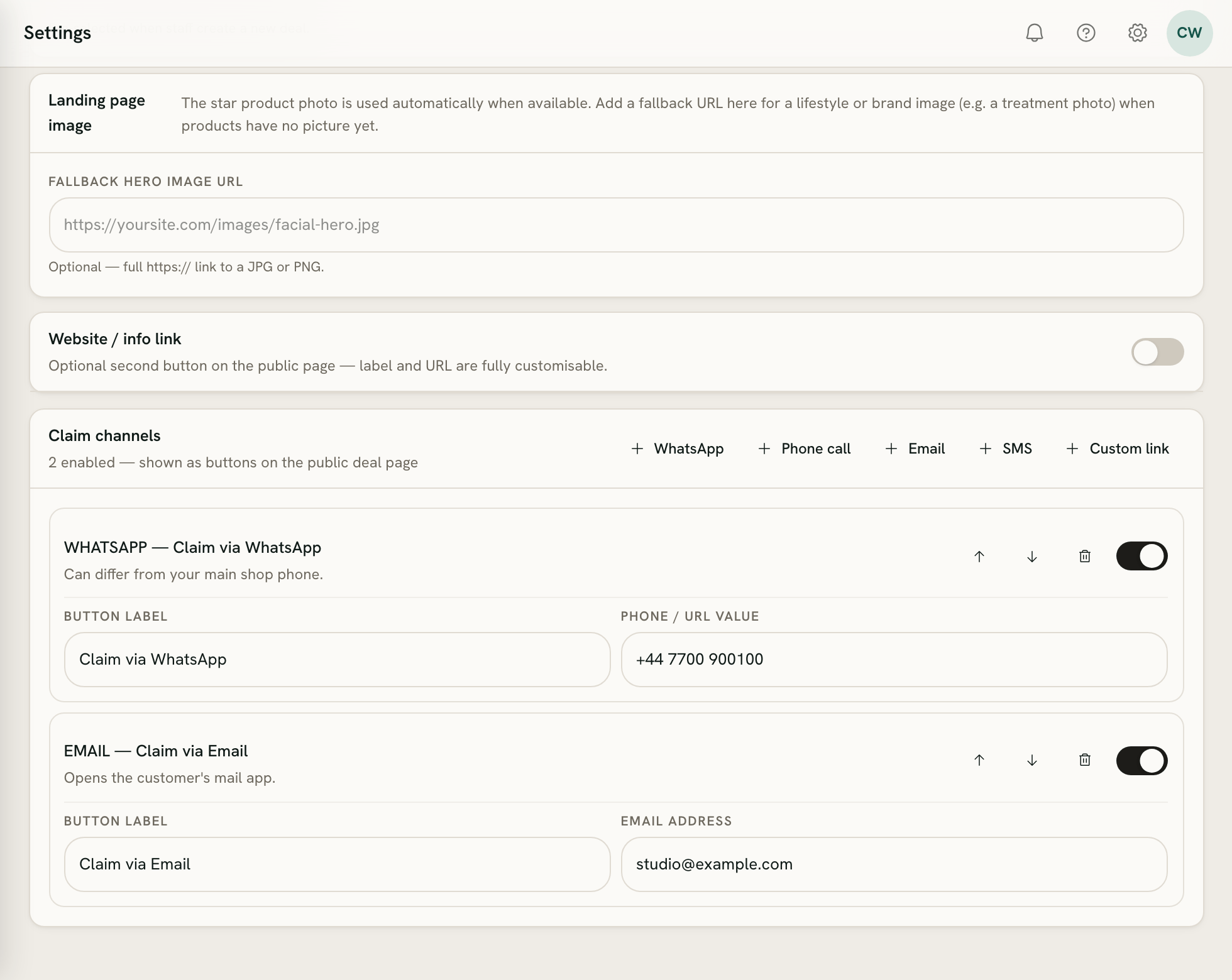 Deal page & vouchers: the fallback hero image field, the Website / info link switch, and the claim channels, with a WhatsApp and an Email button