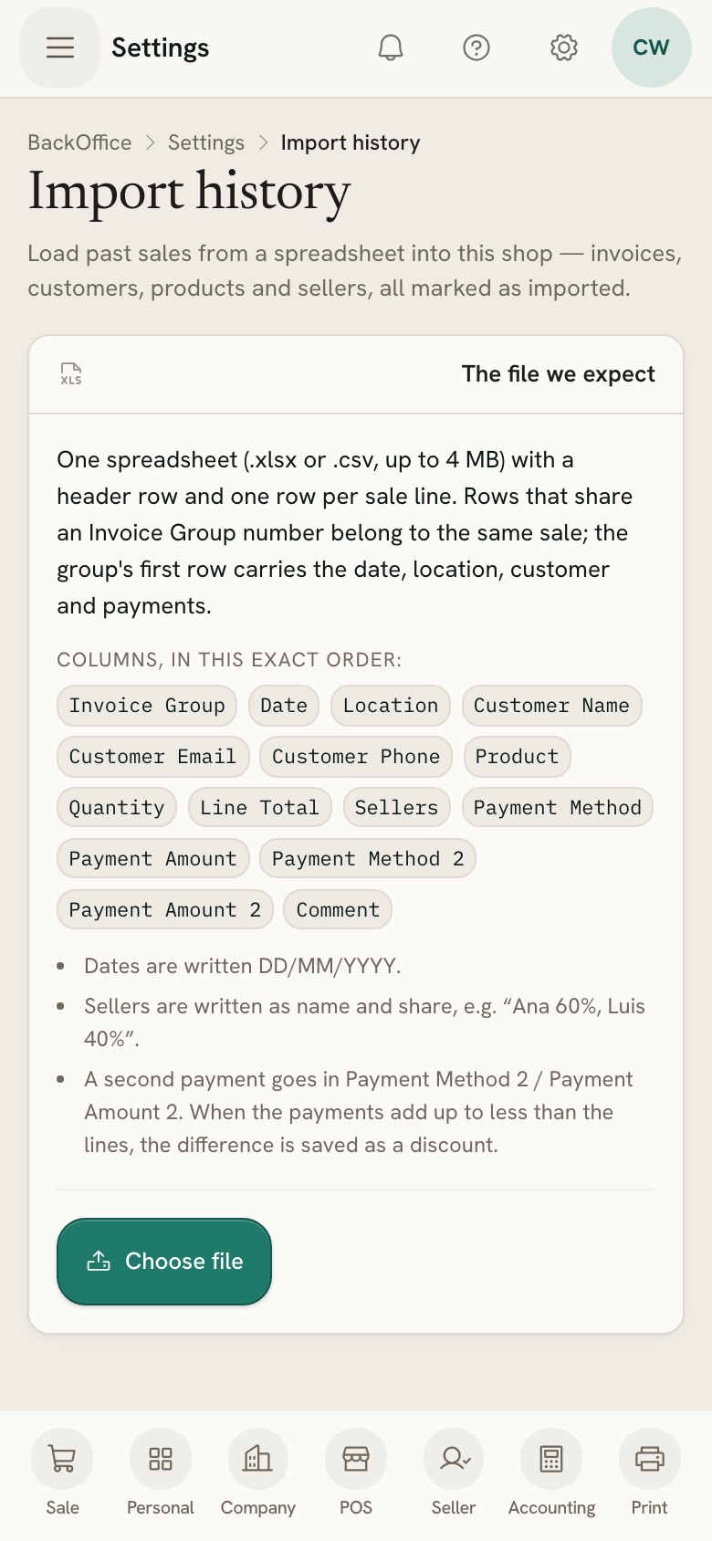 Import history on a phone, listing the spreadsheet columns in the order the import expects