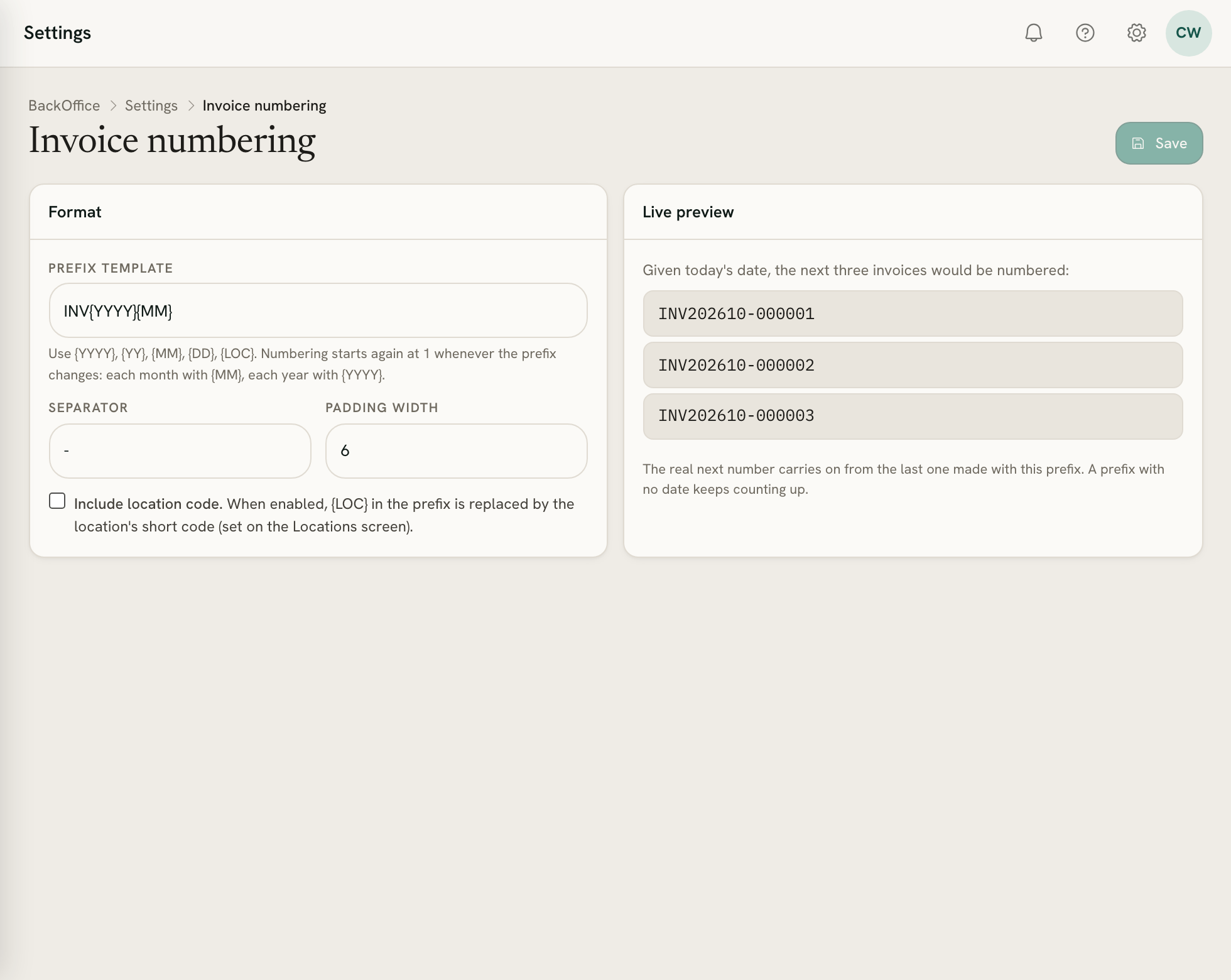 Invoice numbering: the prefix template, separator and padding width, beside a live preview of the next three numbers