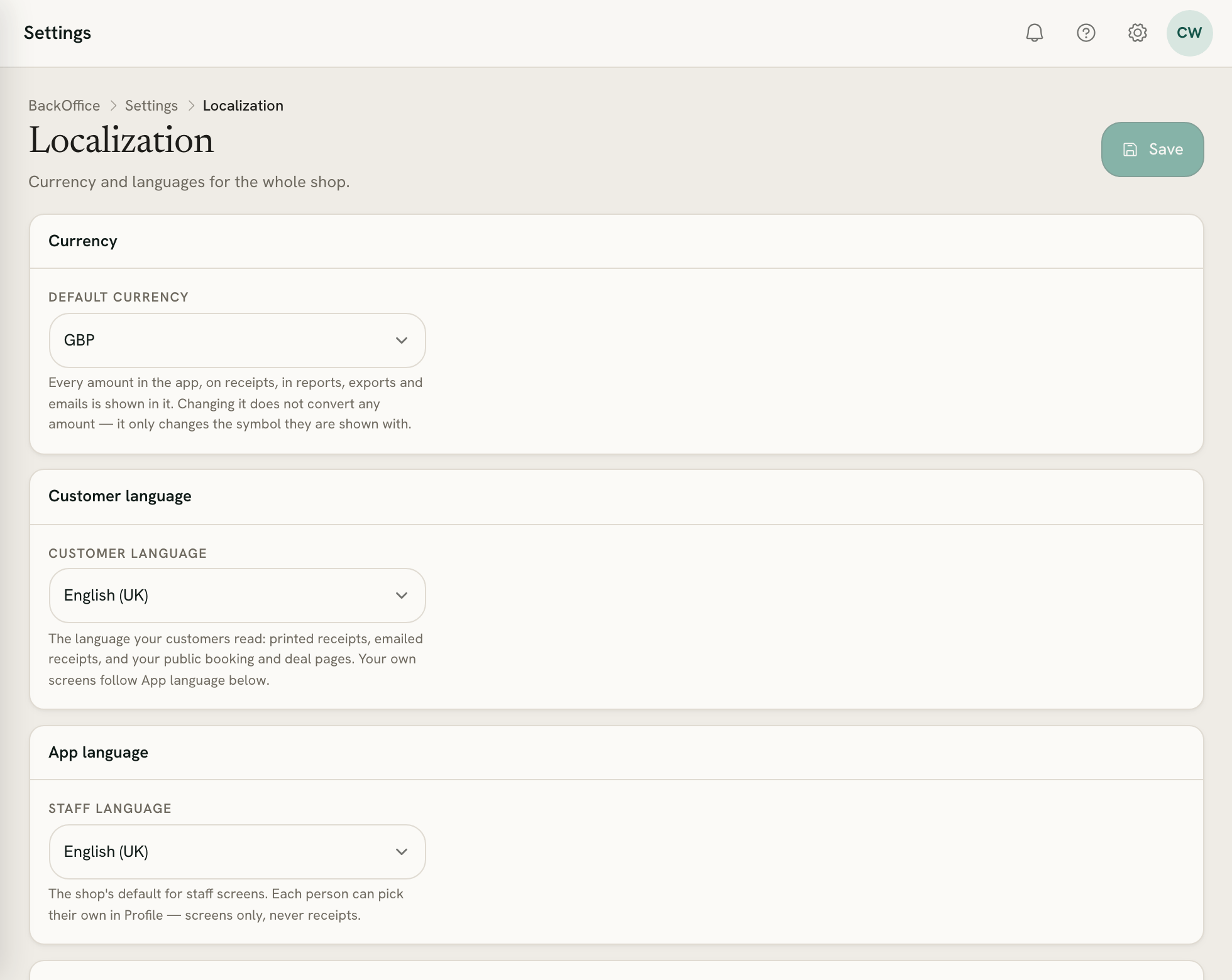 Settings → Localization: the currency, the customer language and the staff language