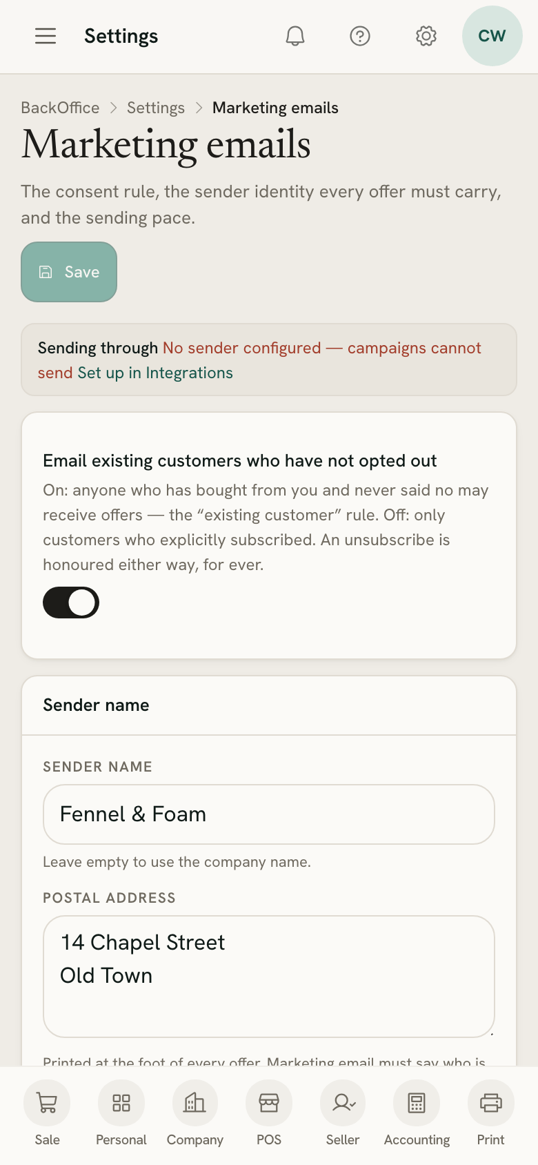 Settings → Marketing emails on a phone: the sending notice, the consent rule and the sender name