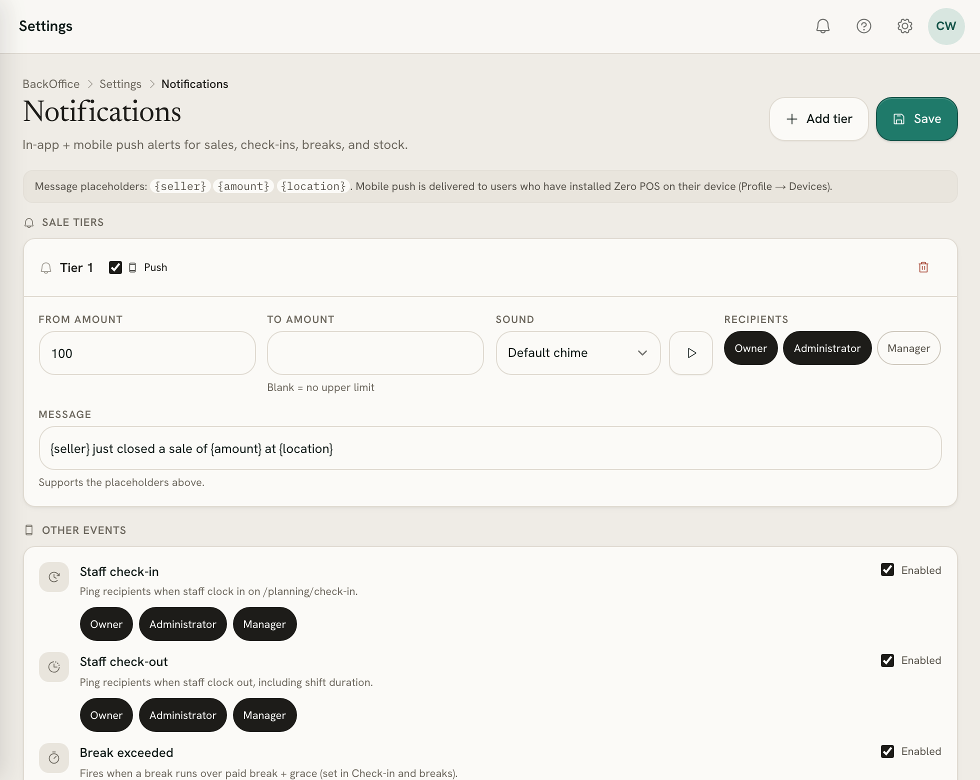 Notifications with a first sale tier being set up: from 100 with no upper limit, its sound, recipients, Push and message, and the other events underneath
