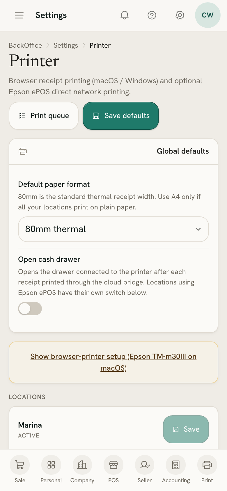 Settings → Printer on a phone: the paper format, the cash drawer and each shop's printing mode