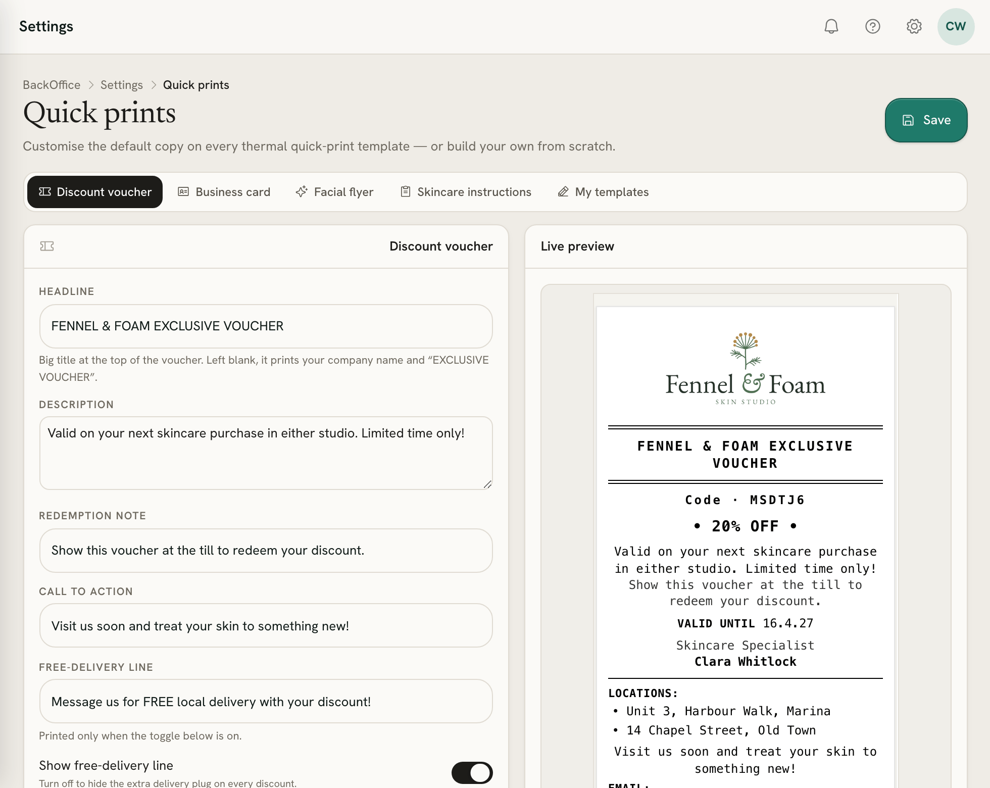 Quick prints settings on the Discount voucher tab: the voucher's wording on the left and the live preview of the slip on the right