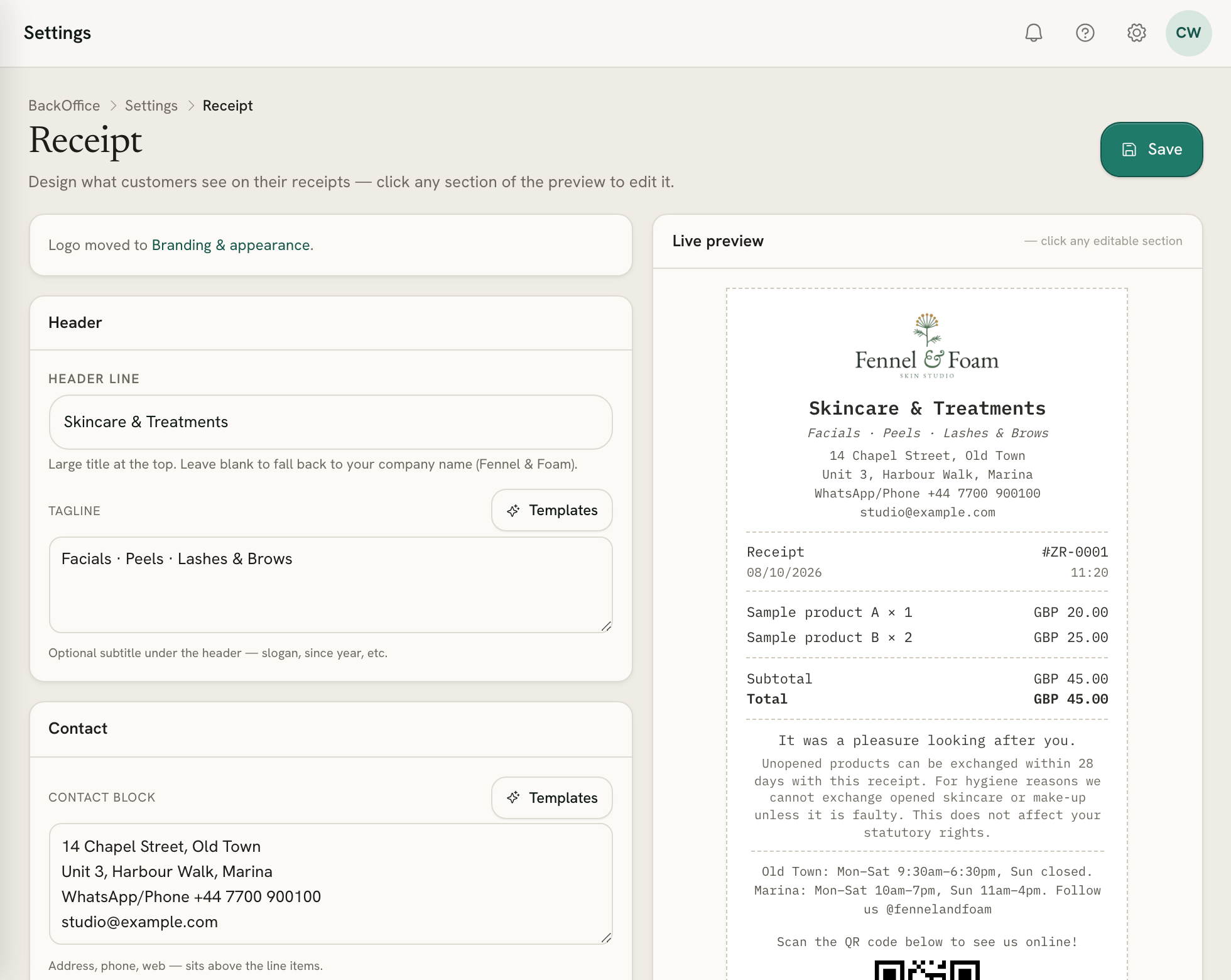 Settings → Receipt with the header, contact block and a live preview of the receipt