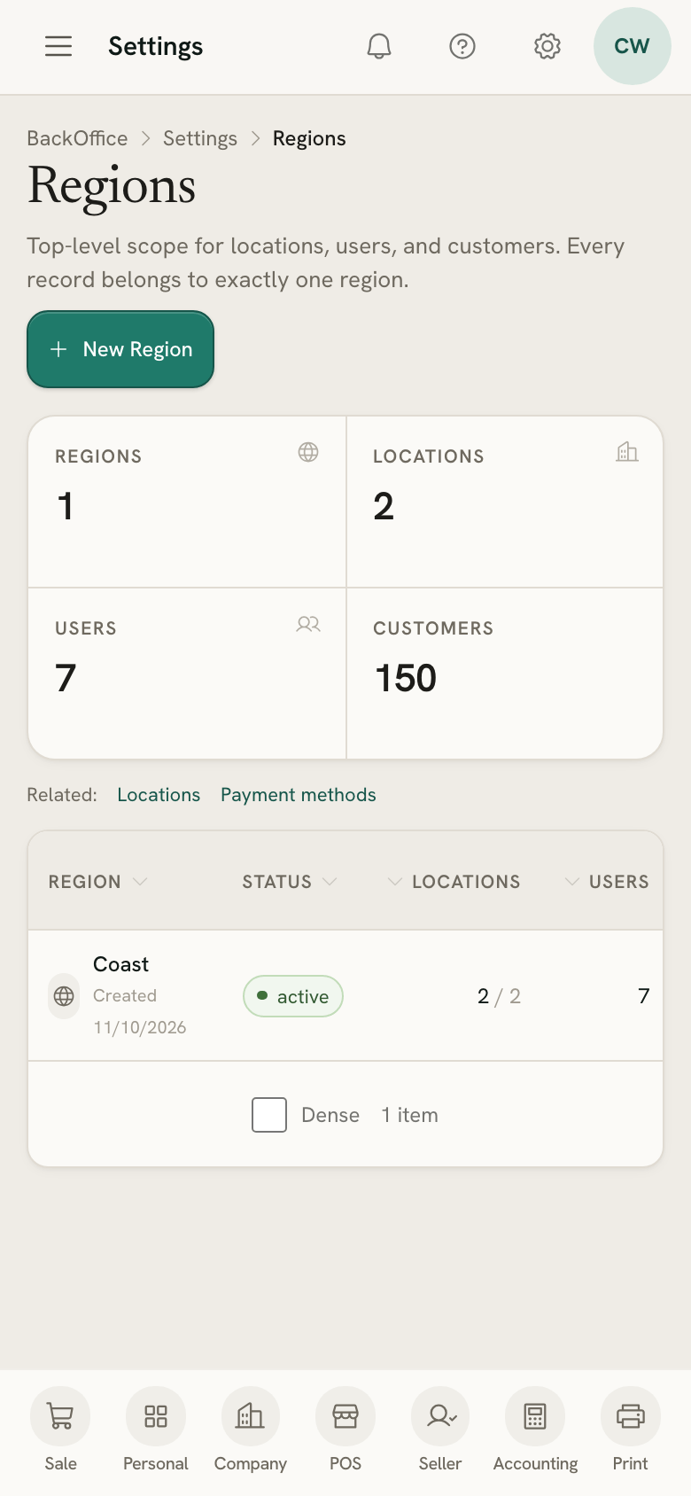 Settings → Regions on a phone, with the region's shops, users and customers counted