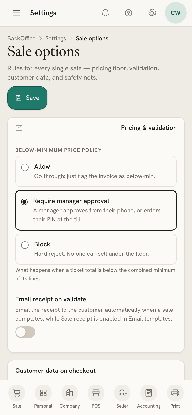 Sale options on a phone, with the below-minimum price policy set to manager approval