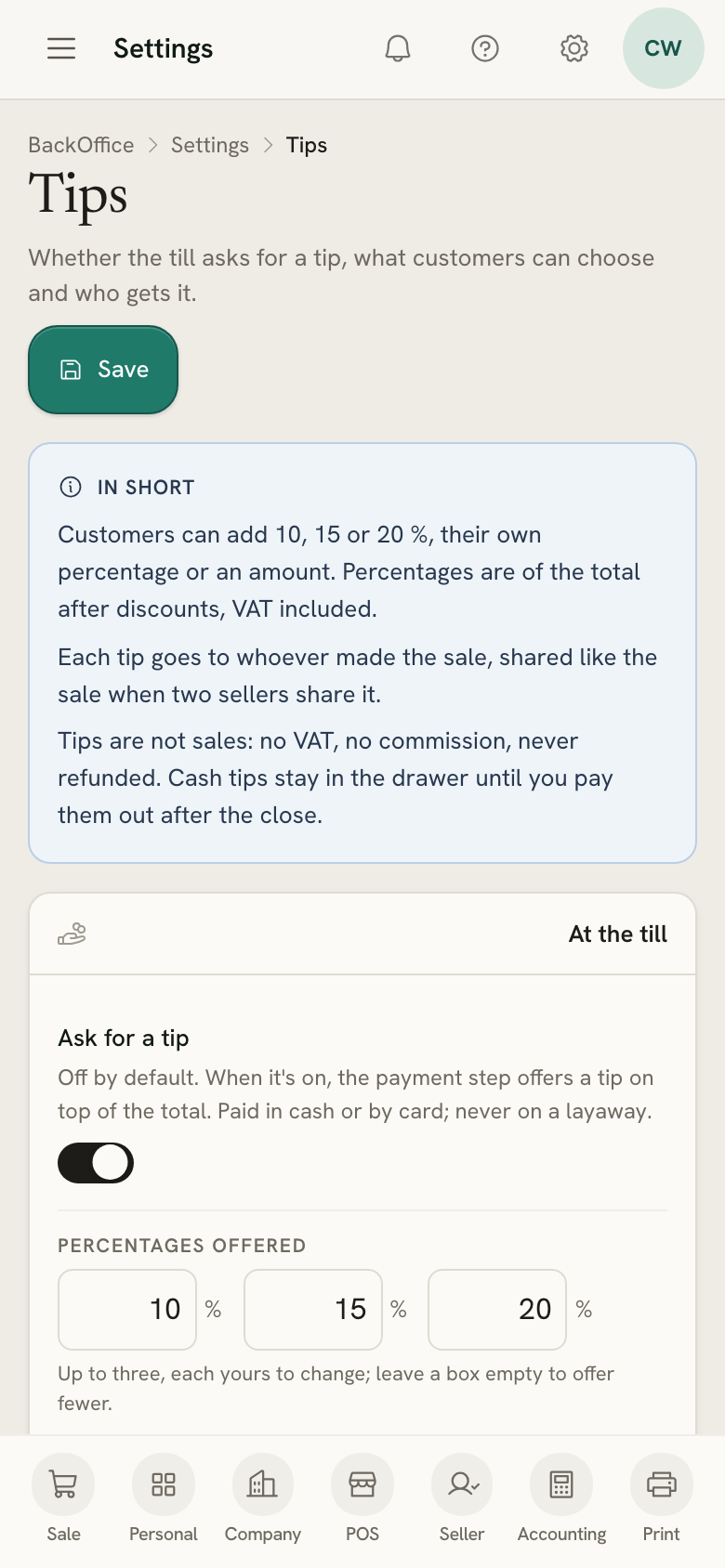 Tips settings on a phone: In short reads the choices back above Ask for a tip, switched on