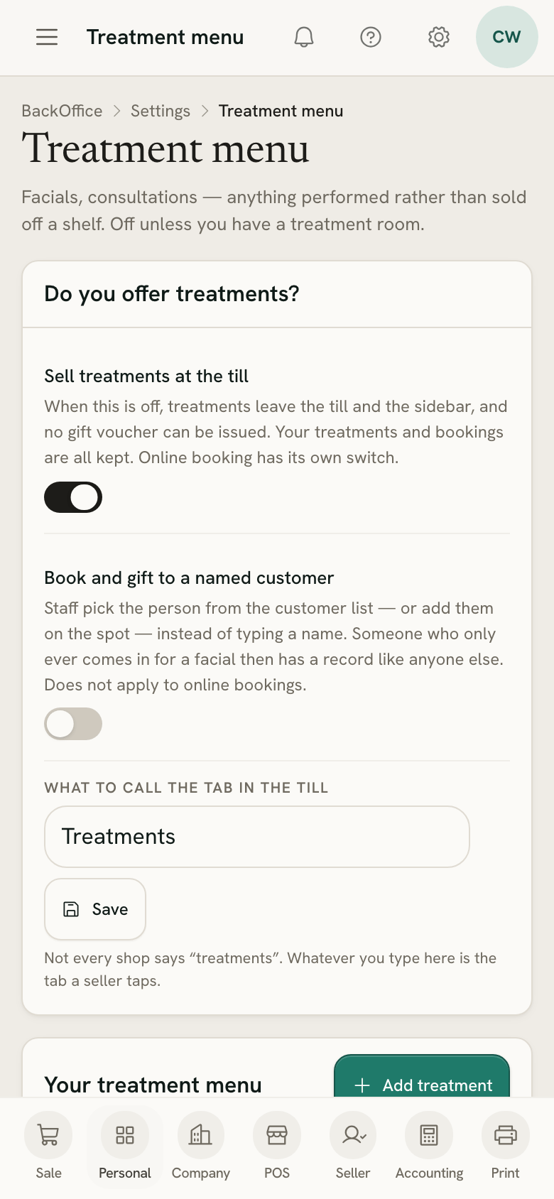 Settings → Treatment menu on a phone, with treatments switched on