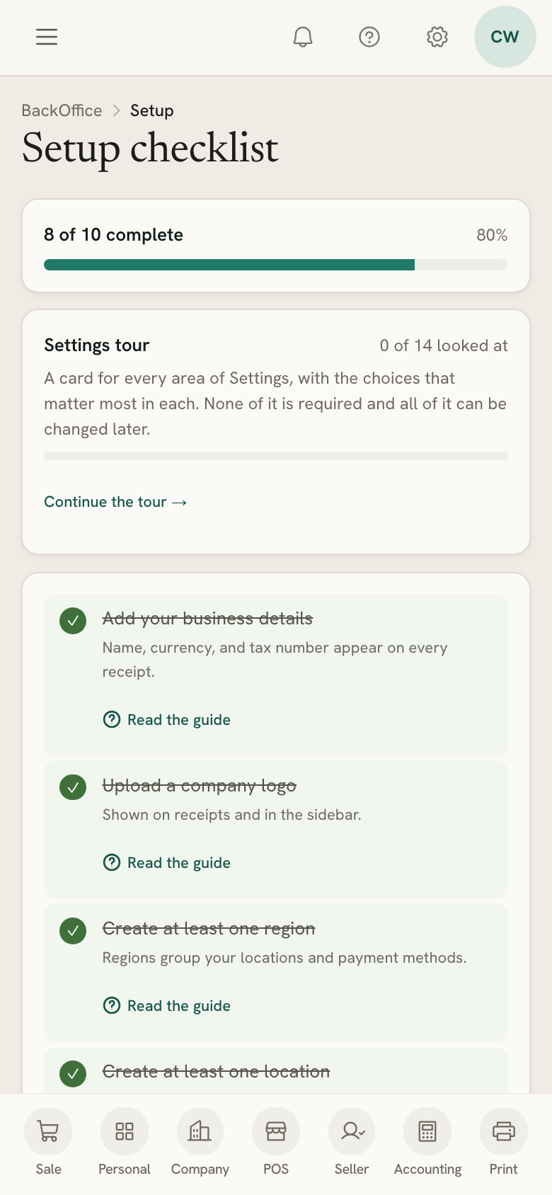 The Setup checklist on a phone, with its progress bar and the settings tour