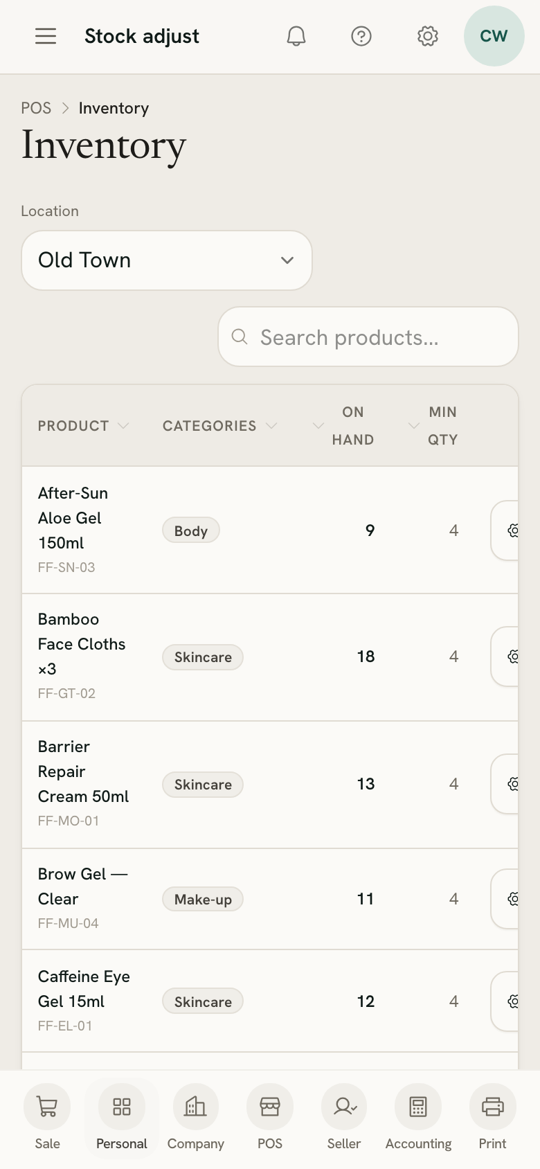 Stock adjust on a phone at one shop, with the Adjust button on each row