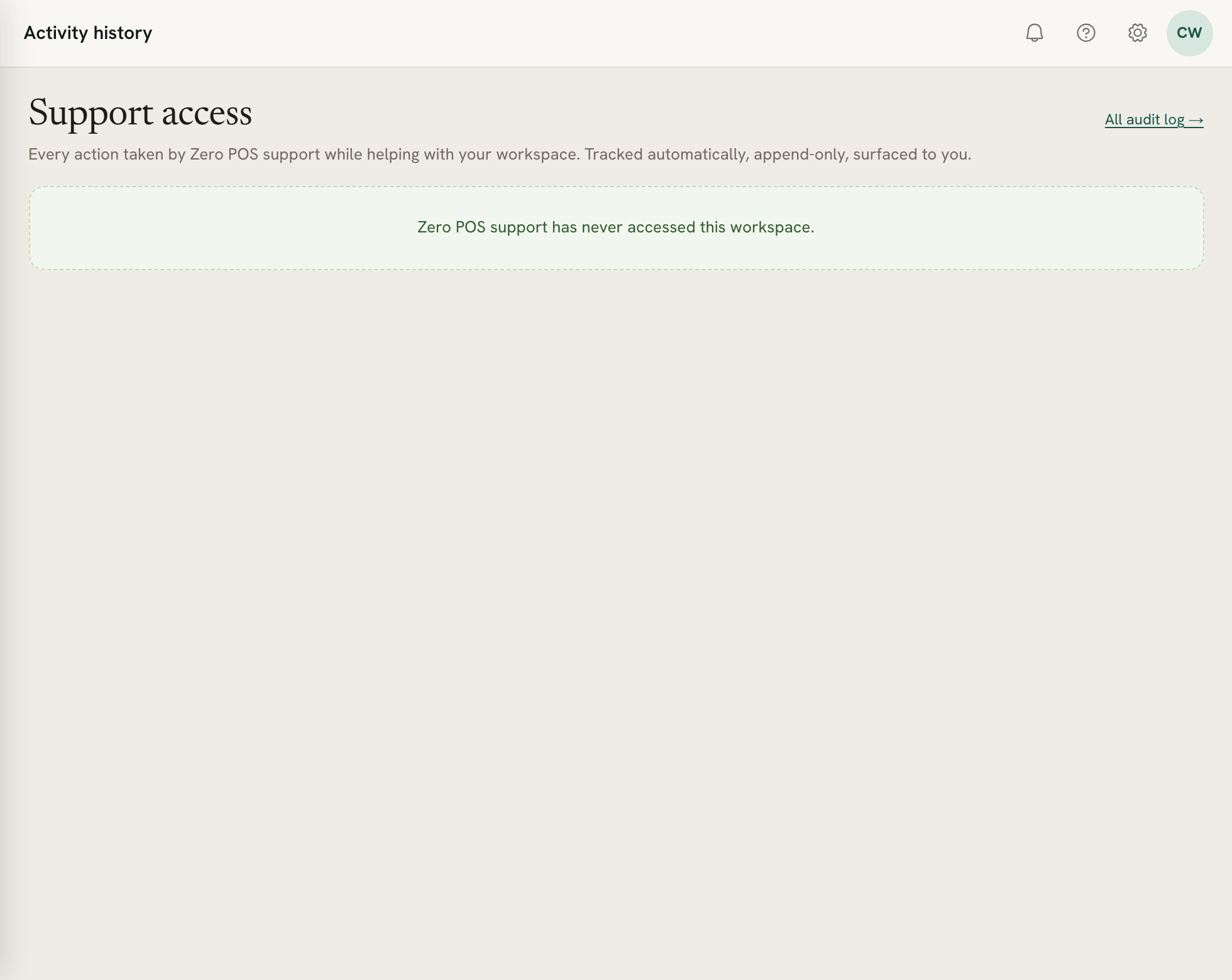 Support access with the green box saying Zero POS support has never accessed this workspace