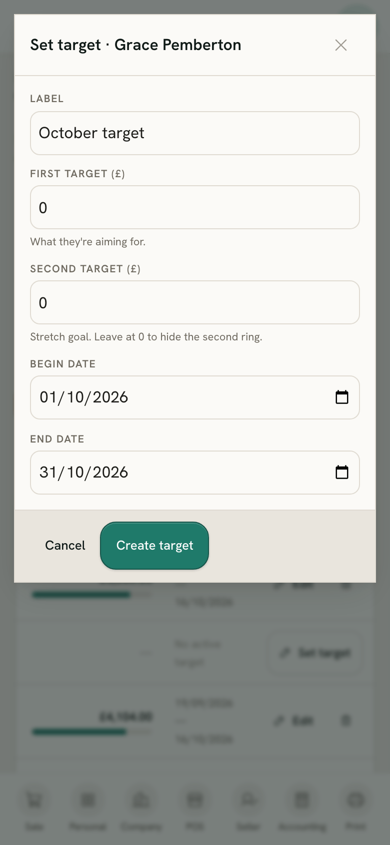 The Set target window for a seller, on a phone