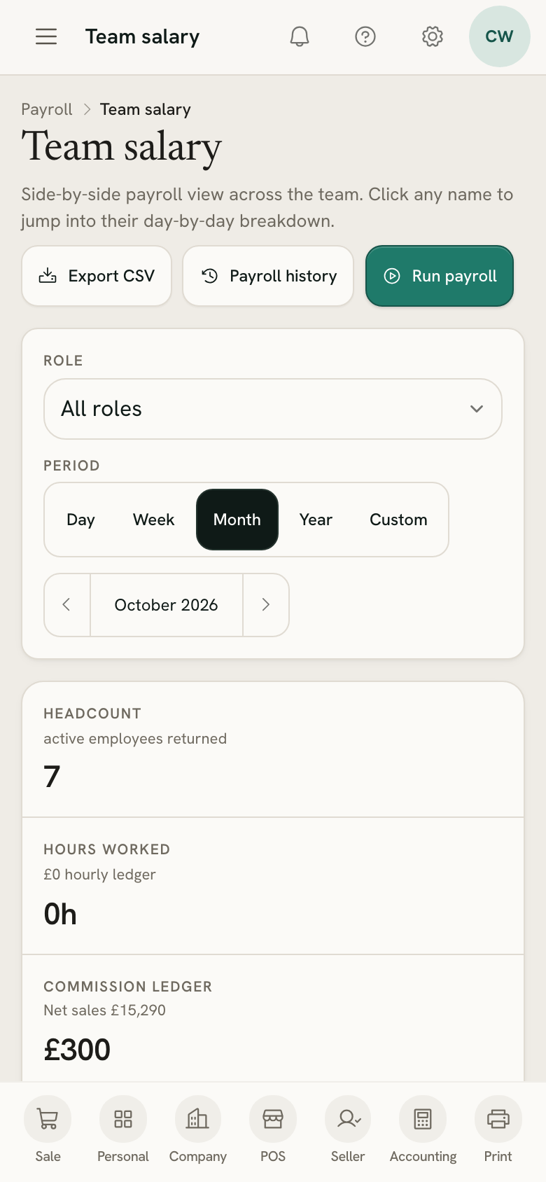 Team salary on a phone: headcount, commission and payout for the month